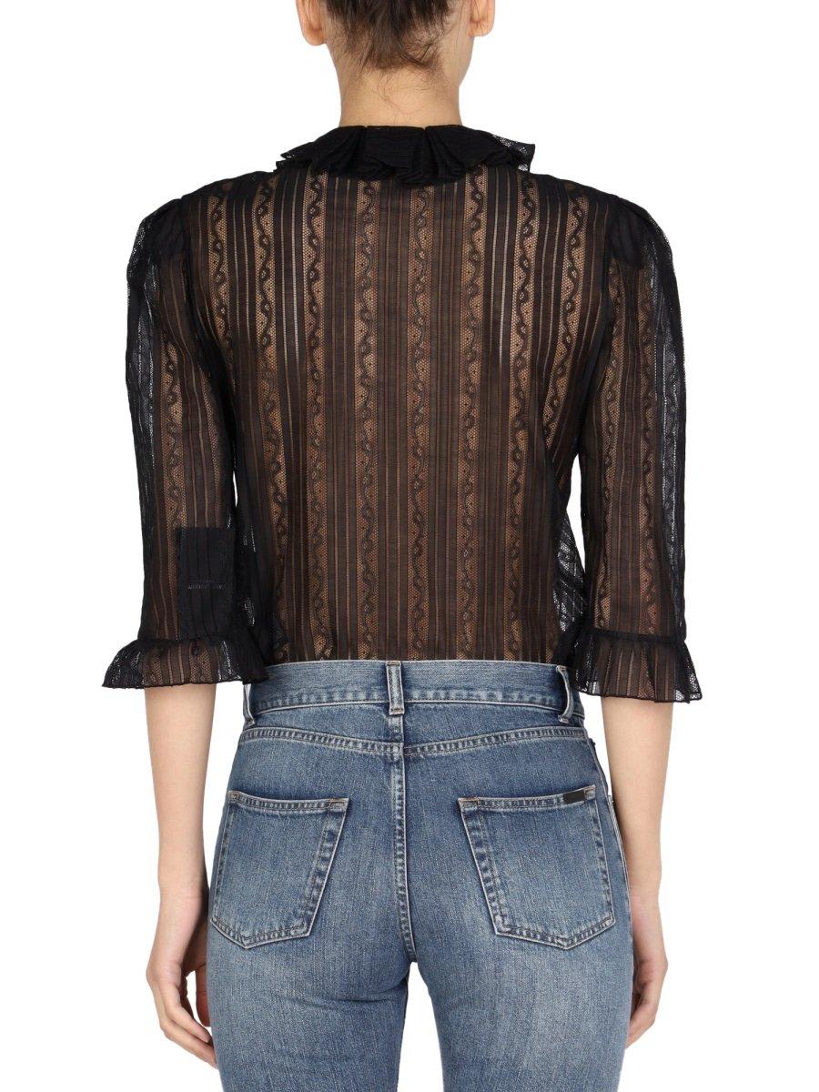 Shop Saint Laurent Ruffled Lace Detailed Blouse In Black