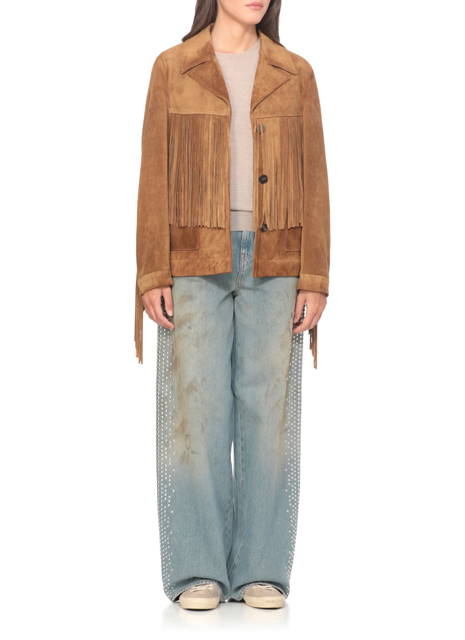 Golden Goose Tobacco Suede Fringe Jacket In Brown