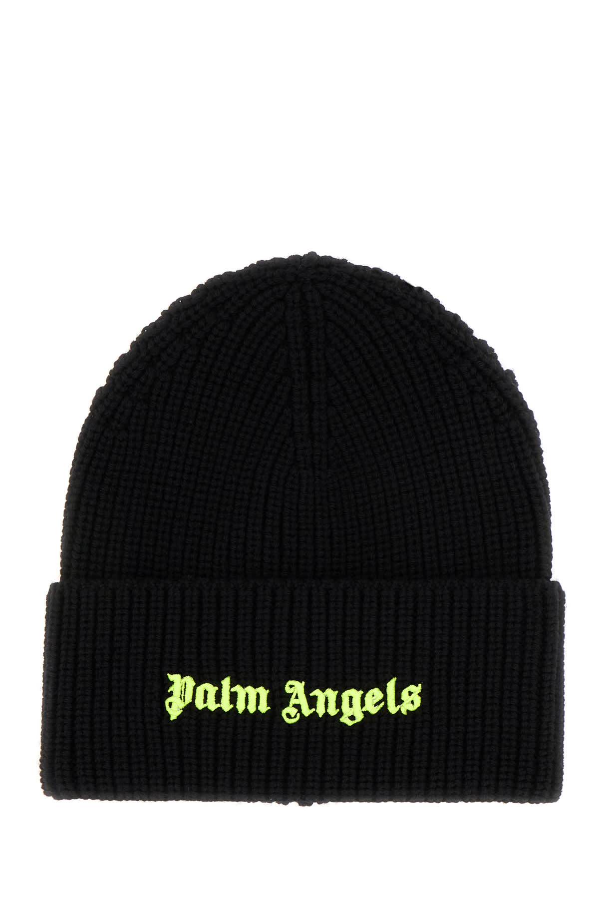 Shop Palm Angels Black Wool Beanie Hat In Black Yellow