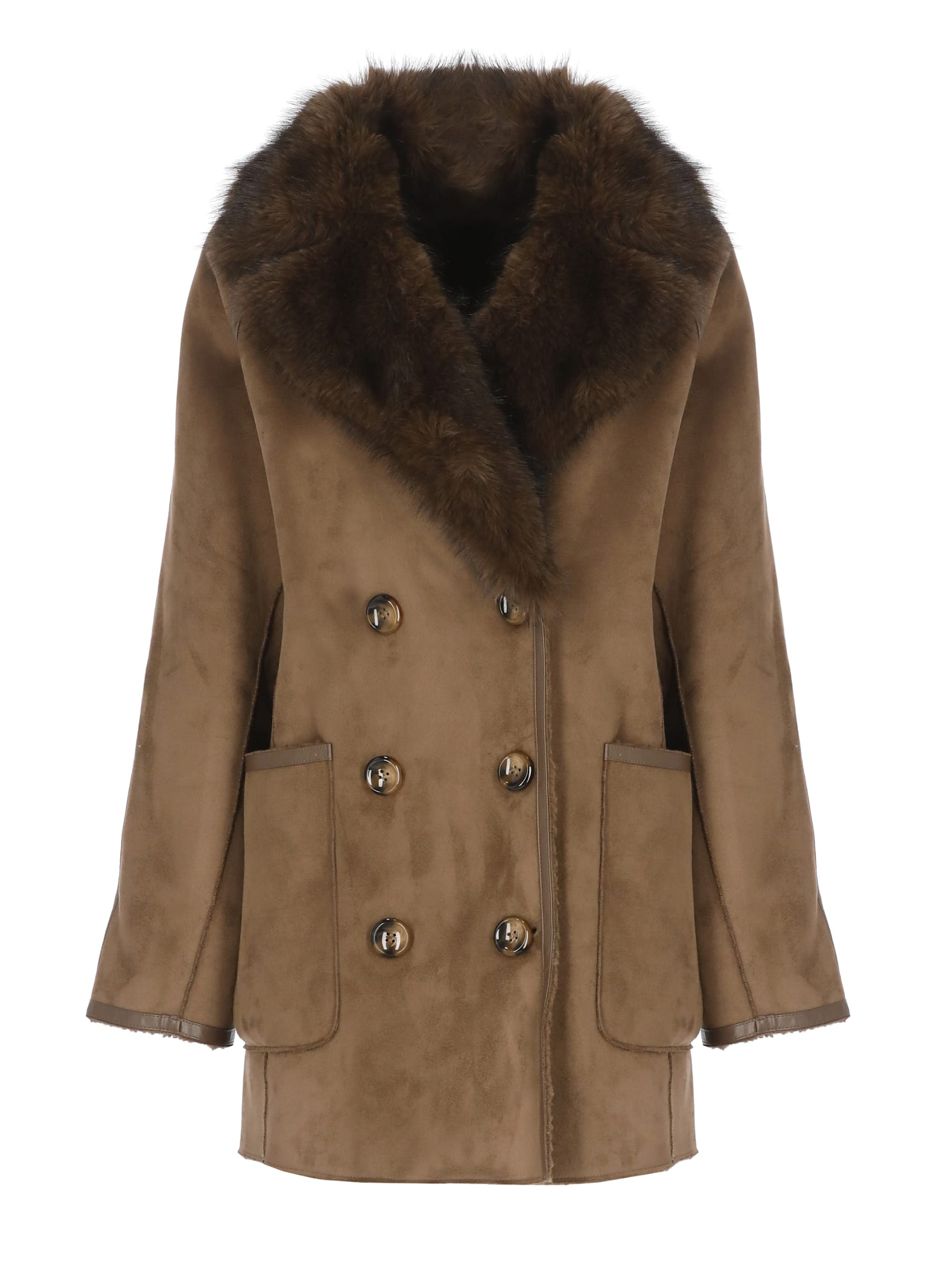 Betta Corradi Faux-fur Collar Double-breasted Coat In Brown