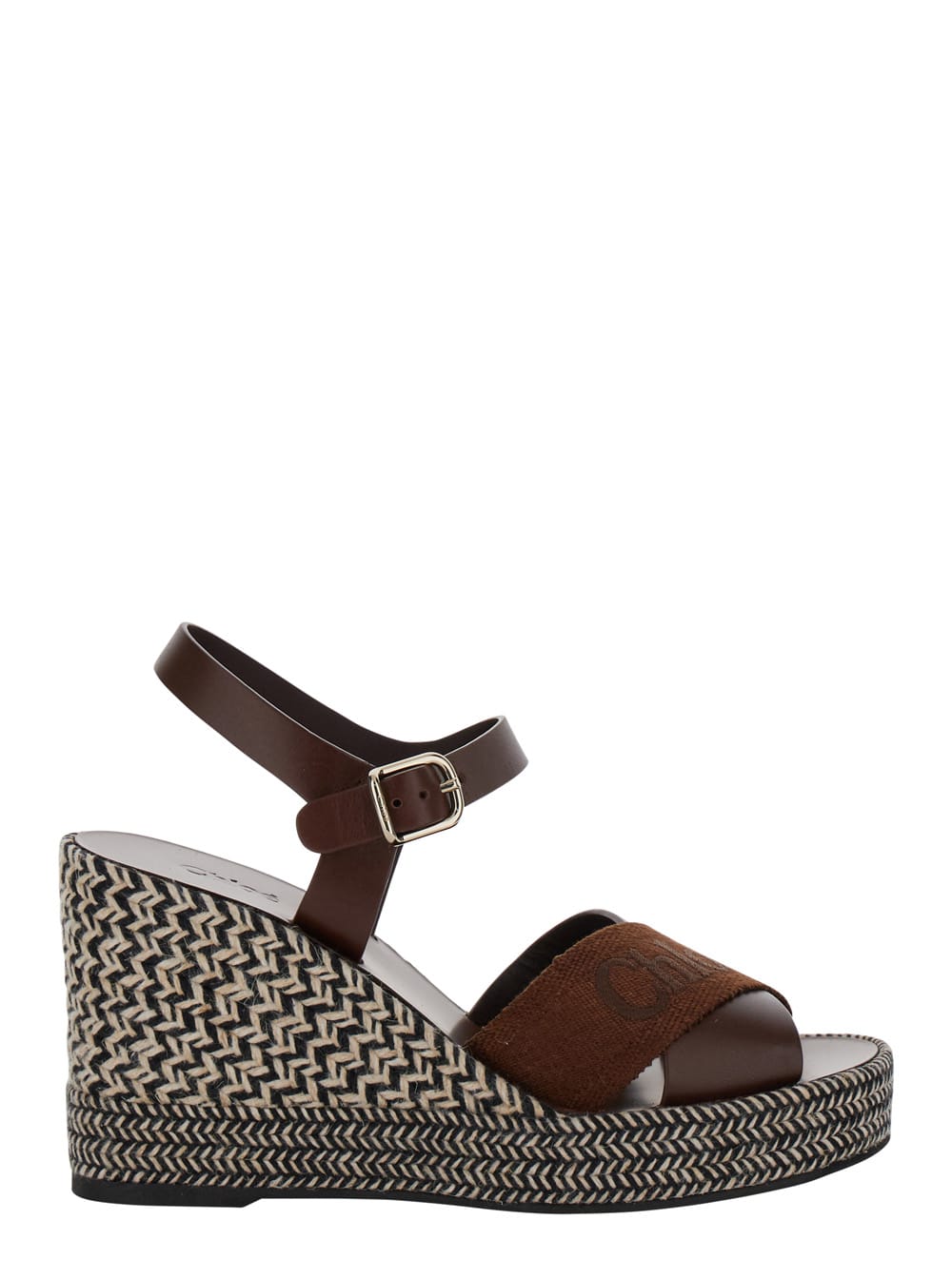 CHLOÉ PIIA BROWN ESPADRILLAS SANDALS WITH WEDGE IN LEATHER AND JUTE WOMAN