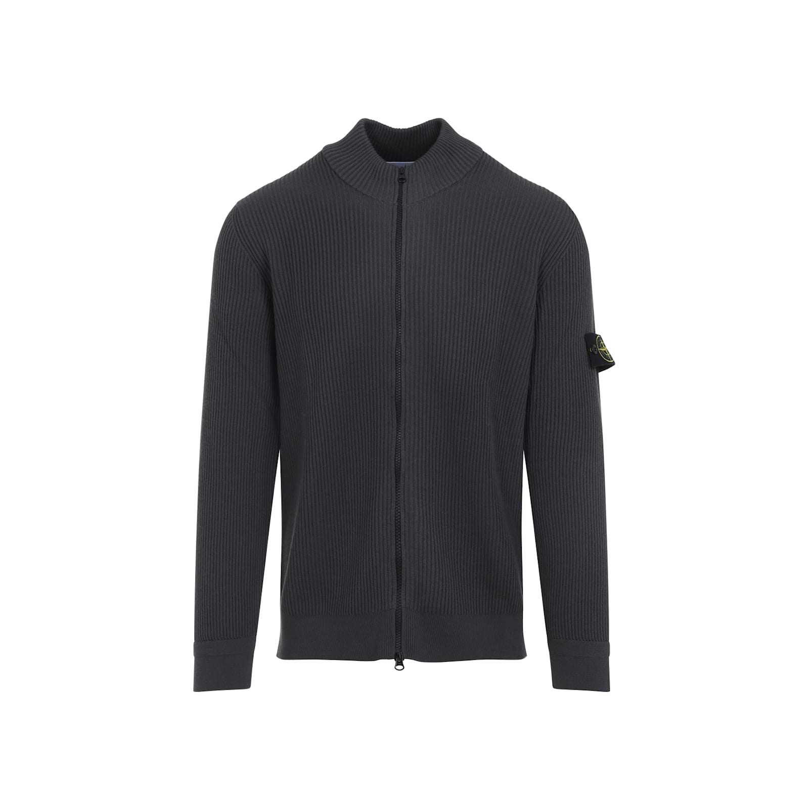 Stone Island Ribbed Zip-up Sweater With High Collar In Gray