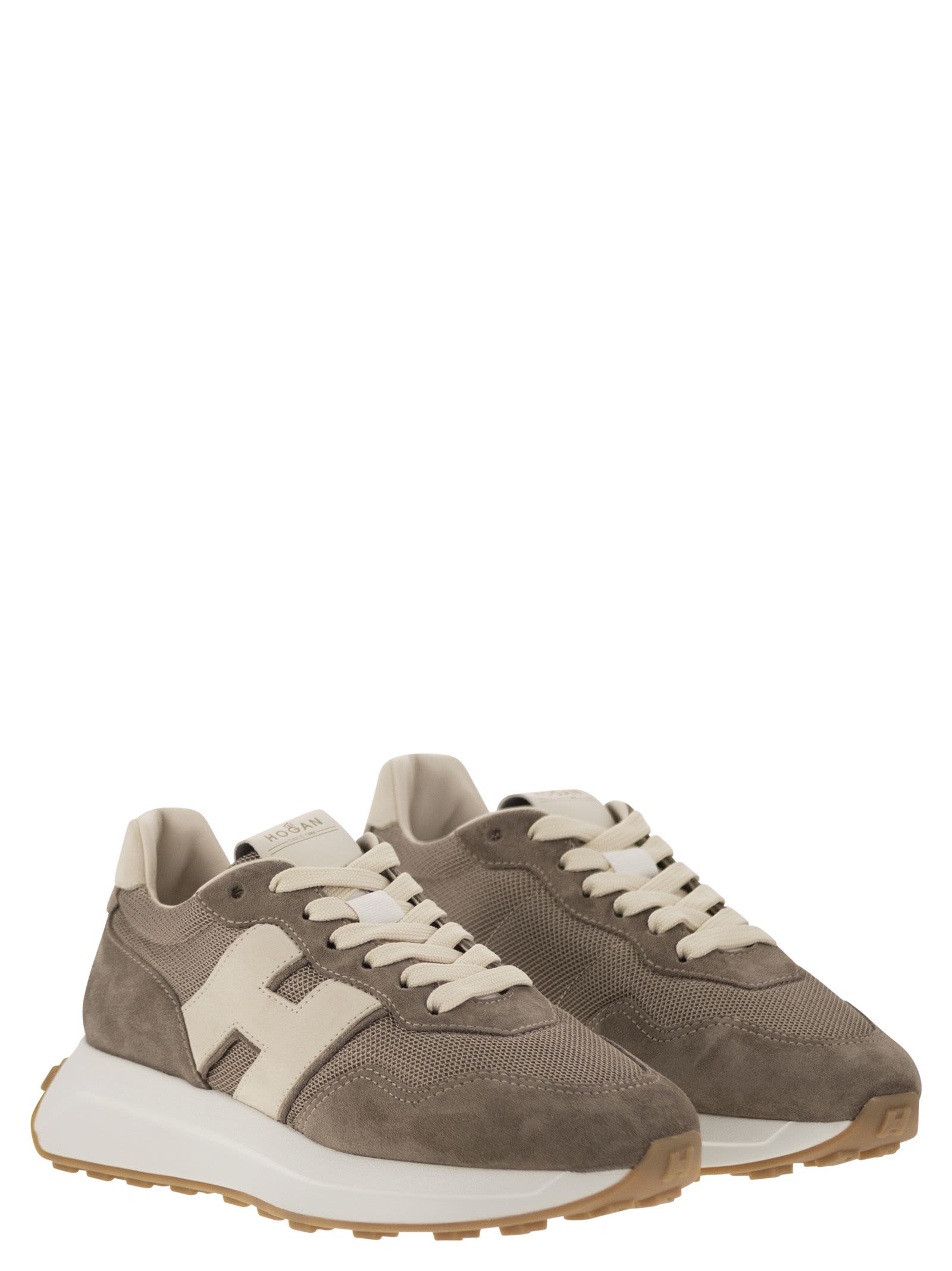 Shop Hogan H641 - Leather And Canvas Trainers In Tortora