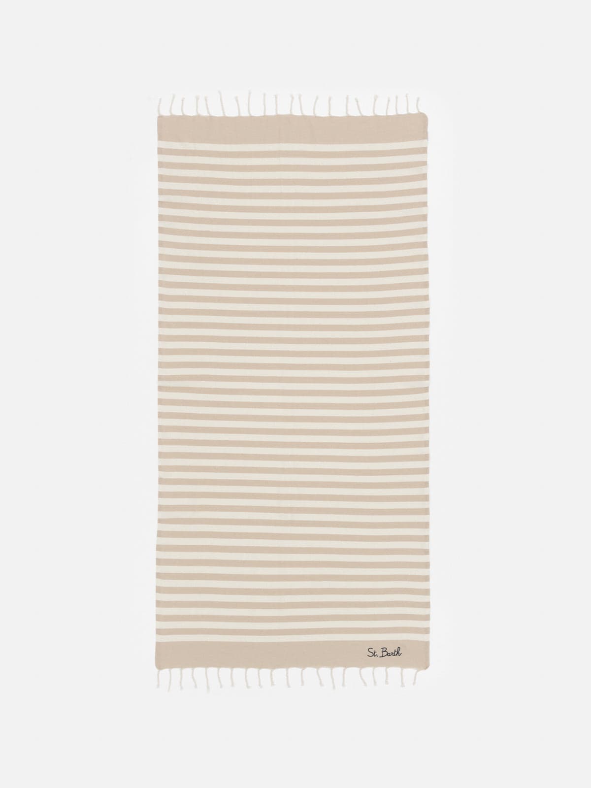 Mc2 Saint Barth Cotton Beach Towel Fouta With Beige Striped Print In White