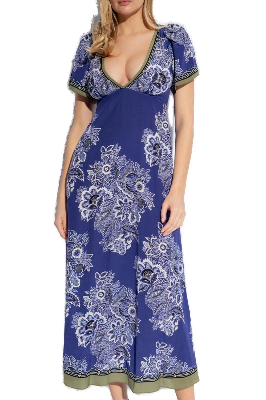 Shop Etro Floral Printed V-neck Midi Dress In Stampa Fdo Blu (purple)