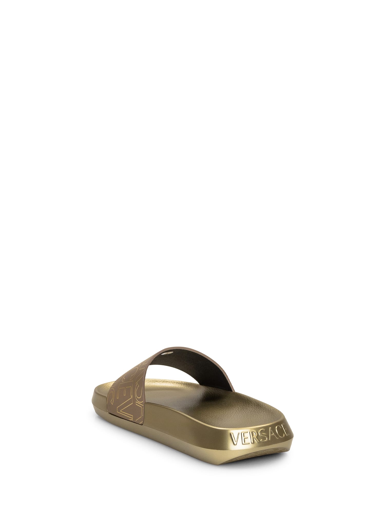 Shop Versace Slide With Logo In Beige-marrone-oro