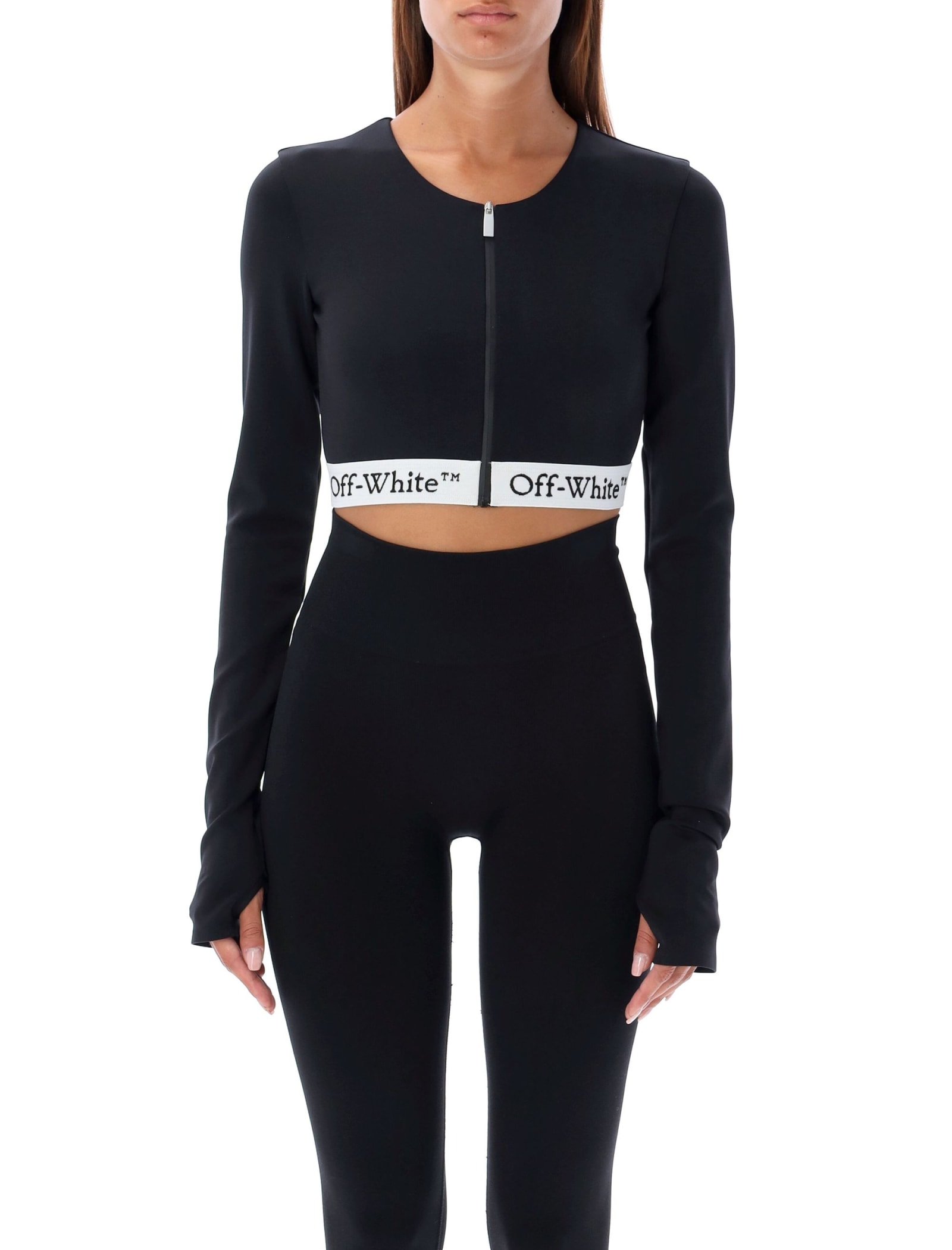 Shop Off-white Logo Brand Zipped Crop Top In Black