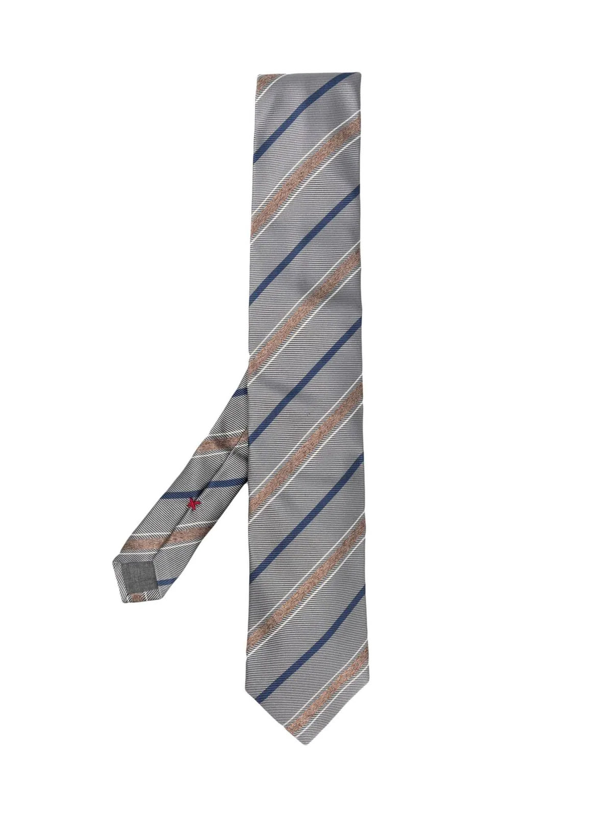 Brunello Cucinelli Striped Silk Tie In Grigio Brown Denim