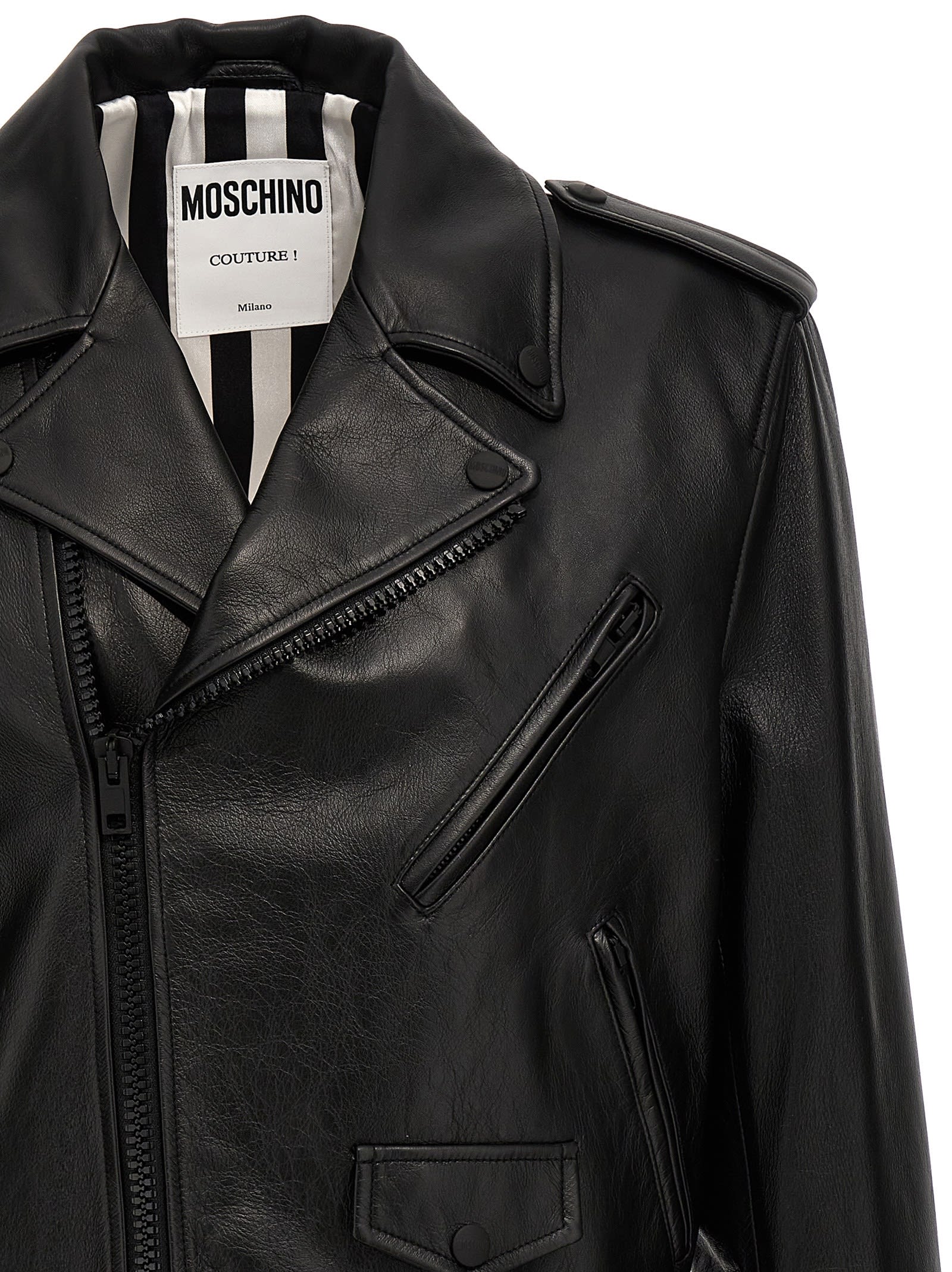 Shop Moschino In Love We Trust Leather Jacket In Black