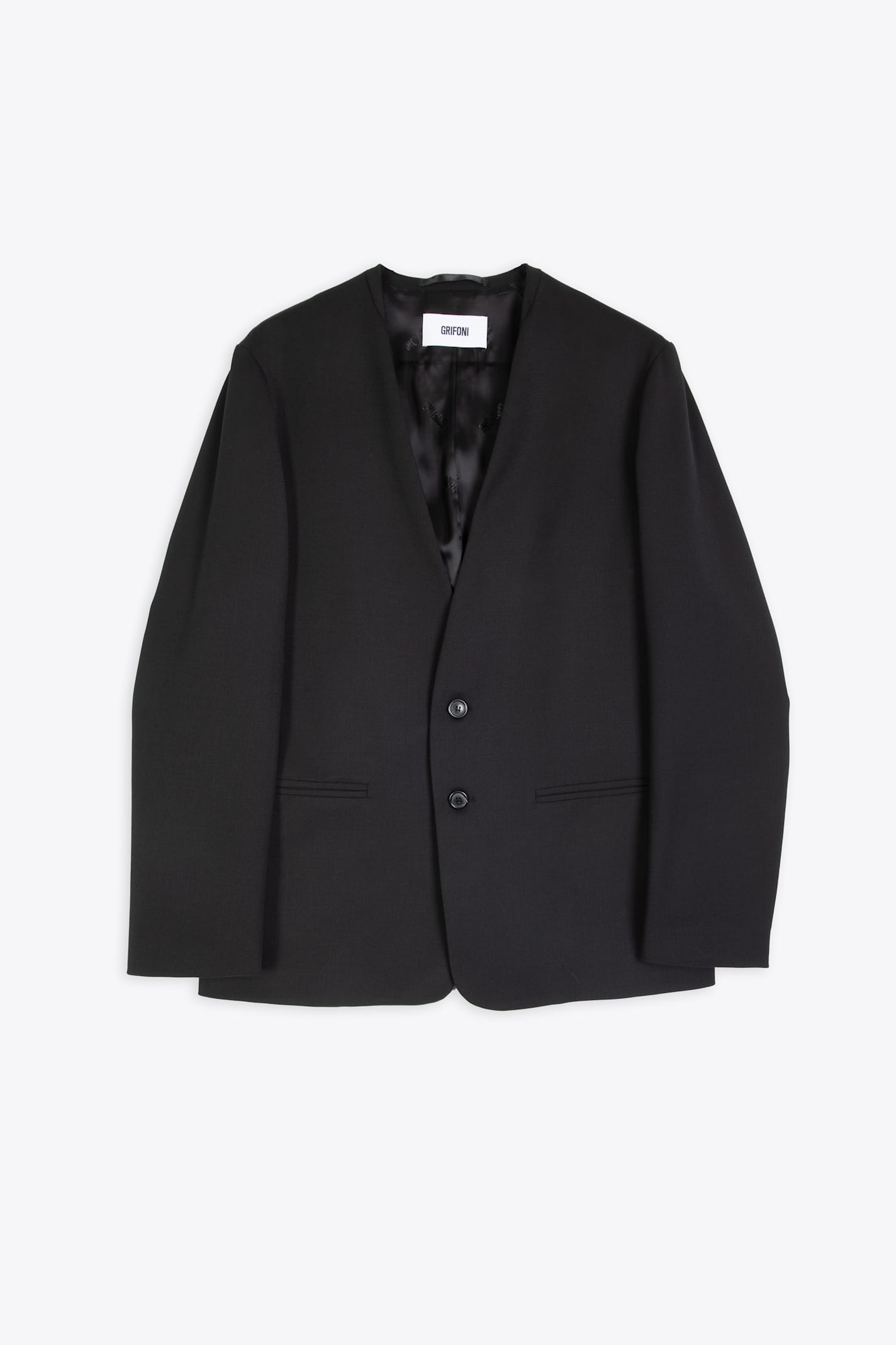 Giacca Senza Collo Black technical wool collarless blazer