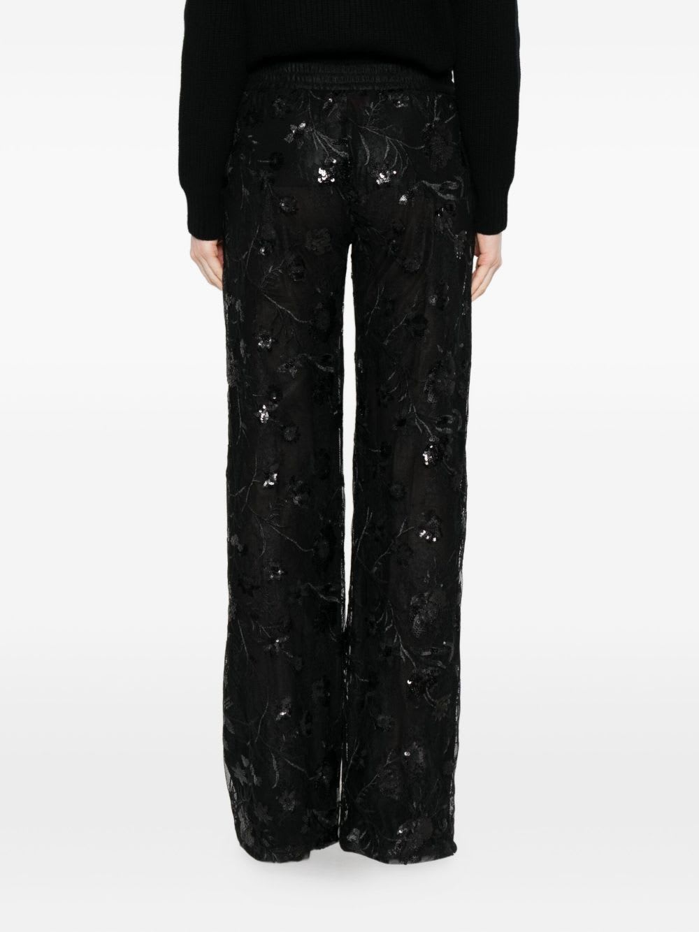 Ermanno Firenze Sheer Black Trousers With Intricate Floral Embroidery In Black