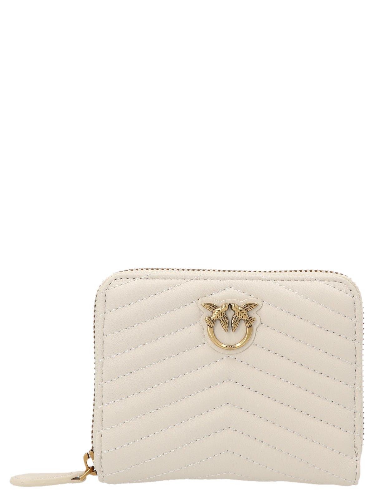 Pinko Logo Plaque Quilted Zipped Wallet In Bianco Seta-antique Gold