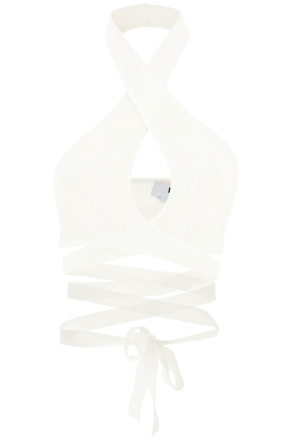 Shop Msgm Ribbed Knit Top With Crossover Neckline In White (white)