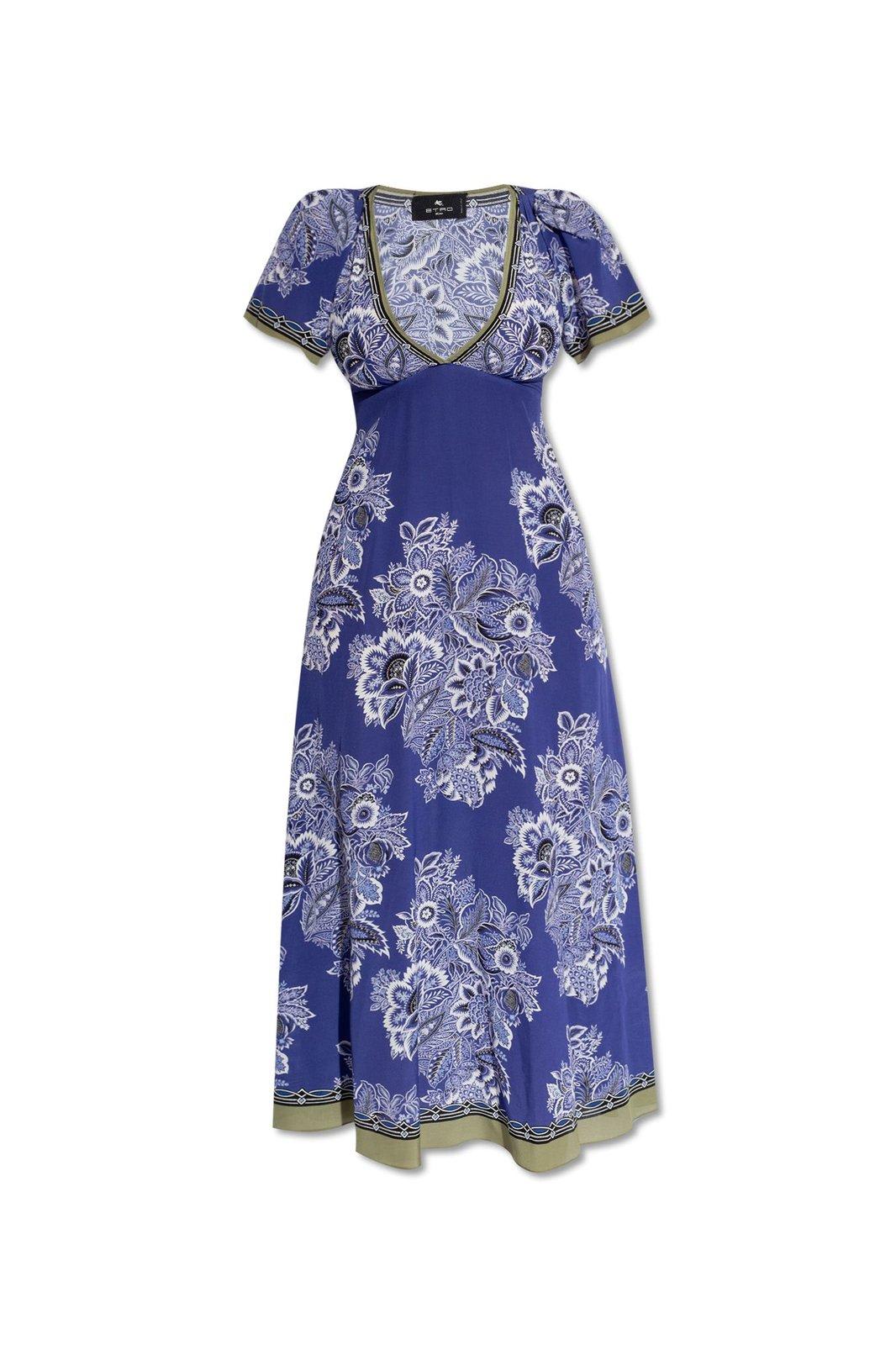 Shop Etro Floral Printed V-neck Midi Dress In Stampa Fdo Blu (purple)