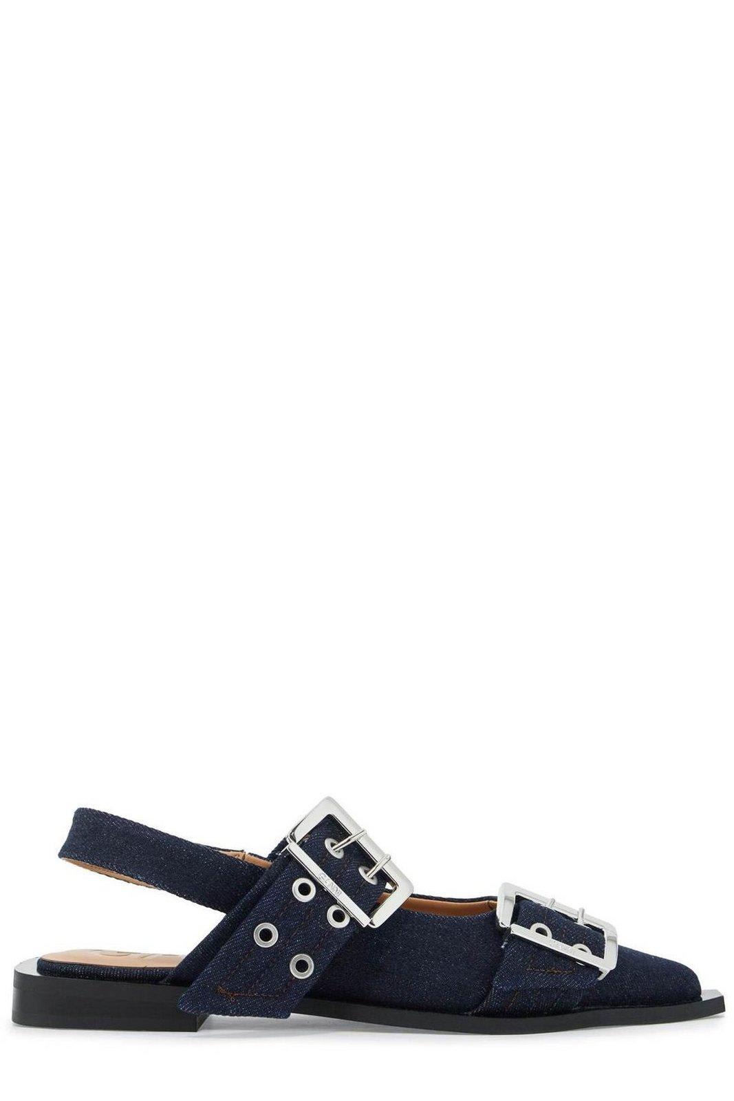 Shop Ganni Double-buckled Denim Ballerina Shoes In Dark Navy