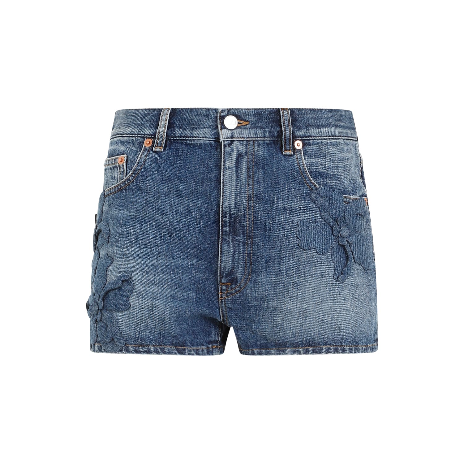 Shop Valentino Ricamo Shorts In Medium Blue Denim