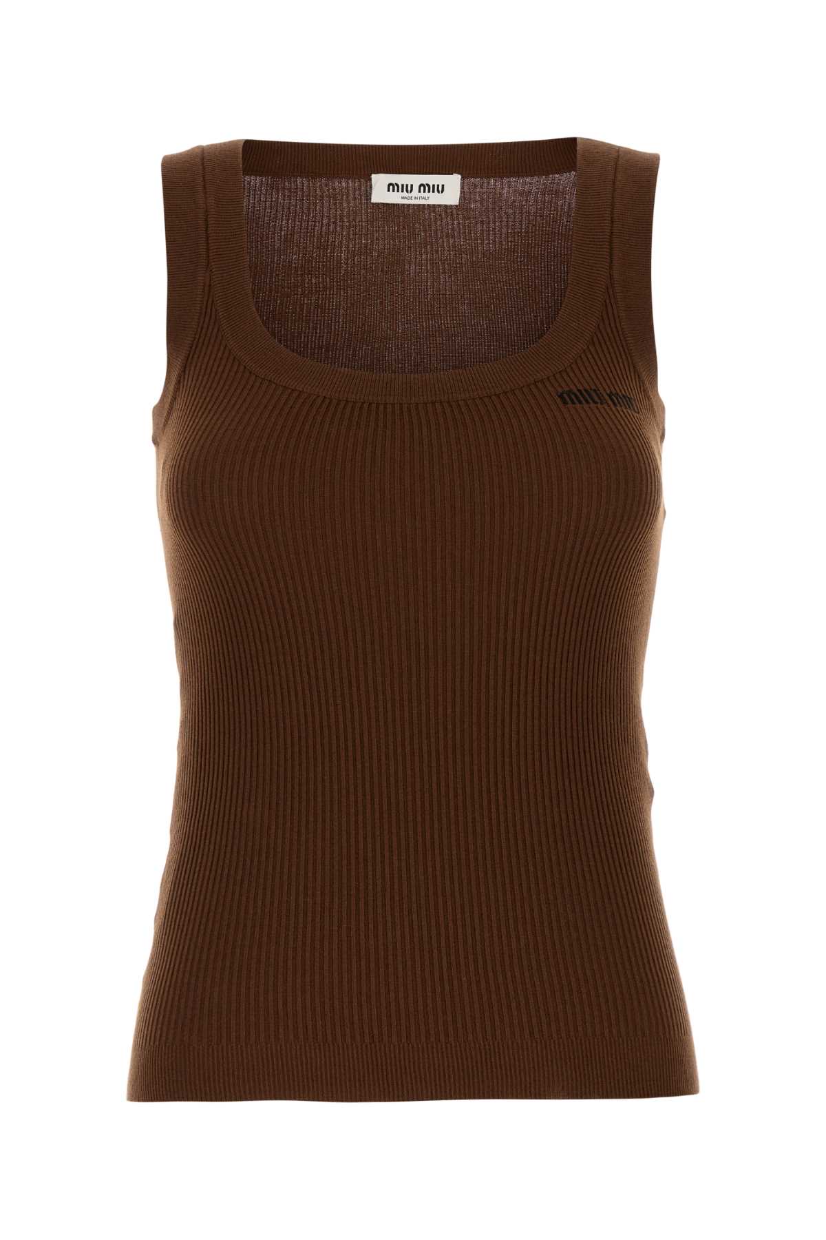 Miu Miu Ribbed Sleeveless Square Neck Cotton Top In Brown