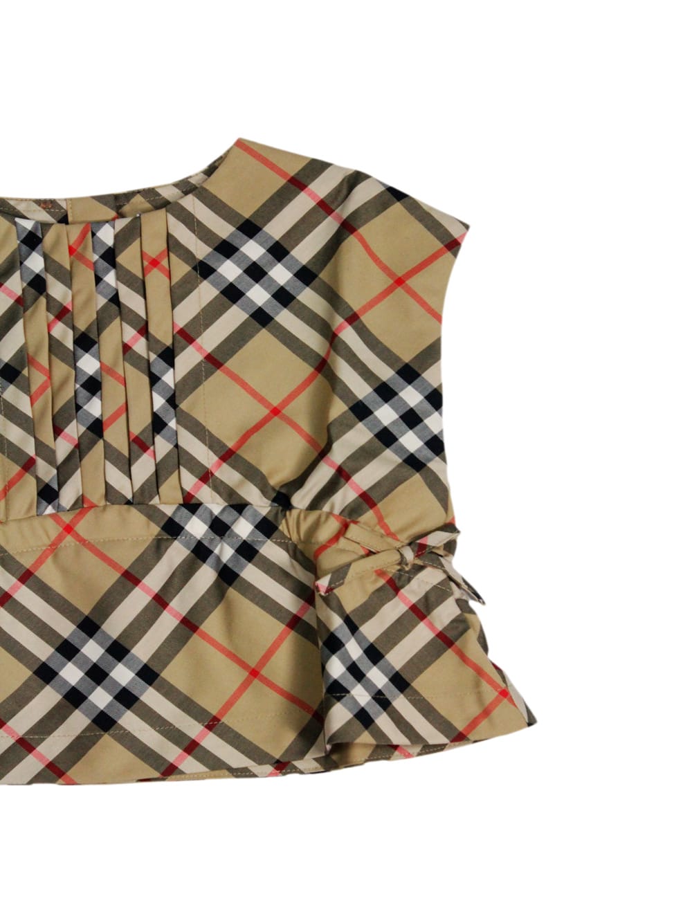 Shop Burberry Sleeveless Crew-neck Shirt With Pleats On The Front In A Check Pattern In Beige