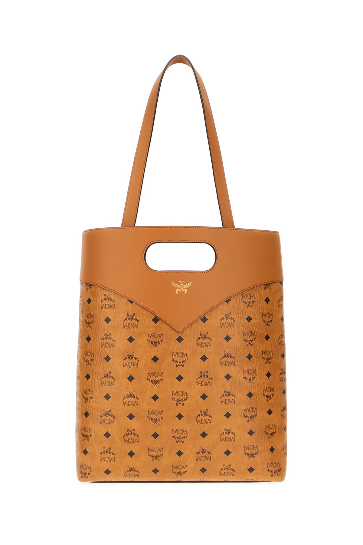 Shop Mcm Printed Synthetic Leather Diamond Shopping Bag In Cognac