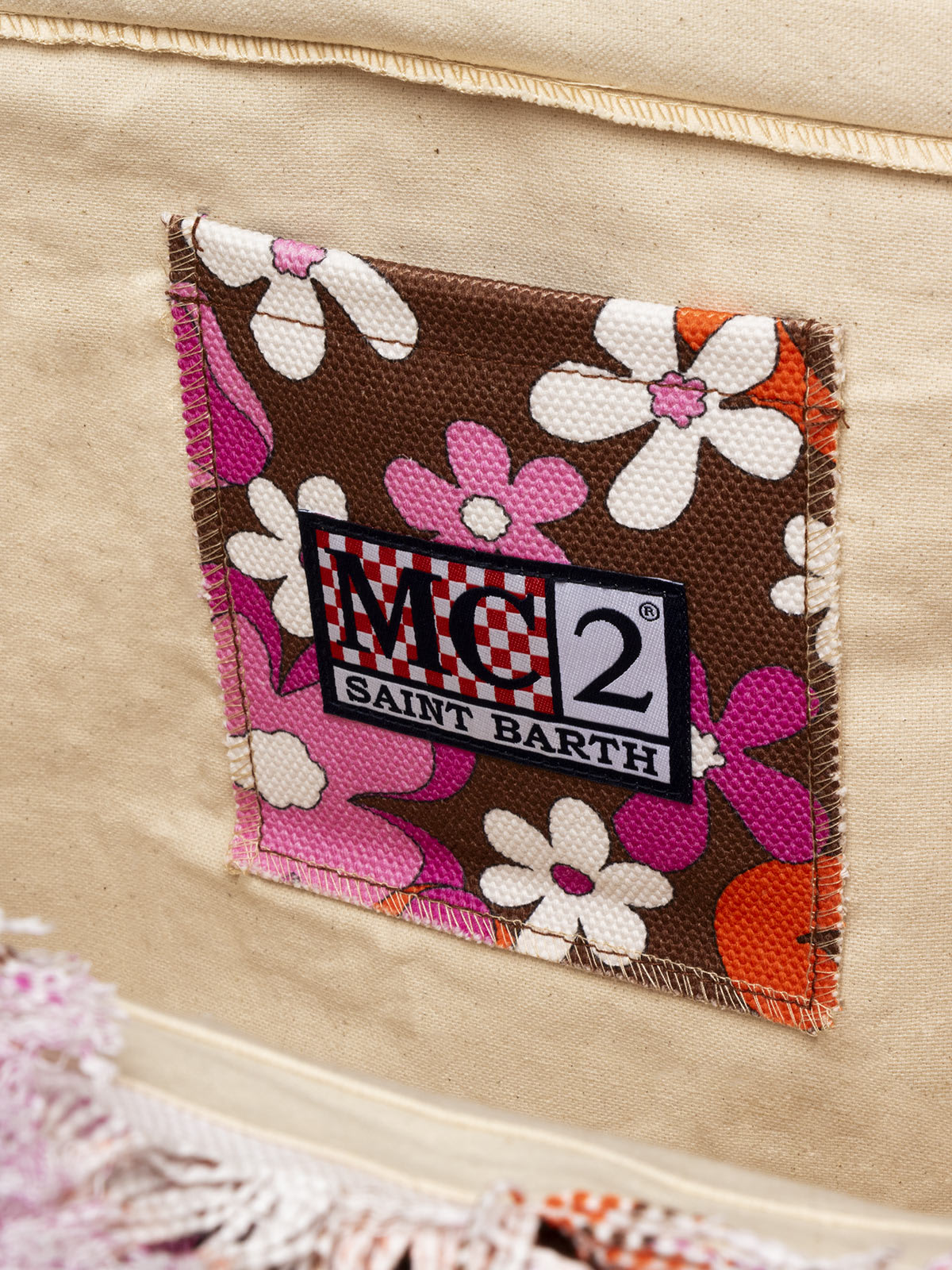 Mc2 Saint Barth Cotton Canvas Tote Bag With Retro Flower Print In Brown