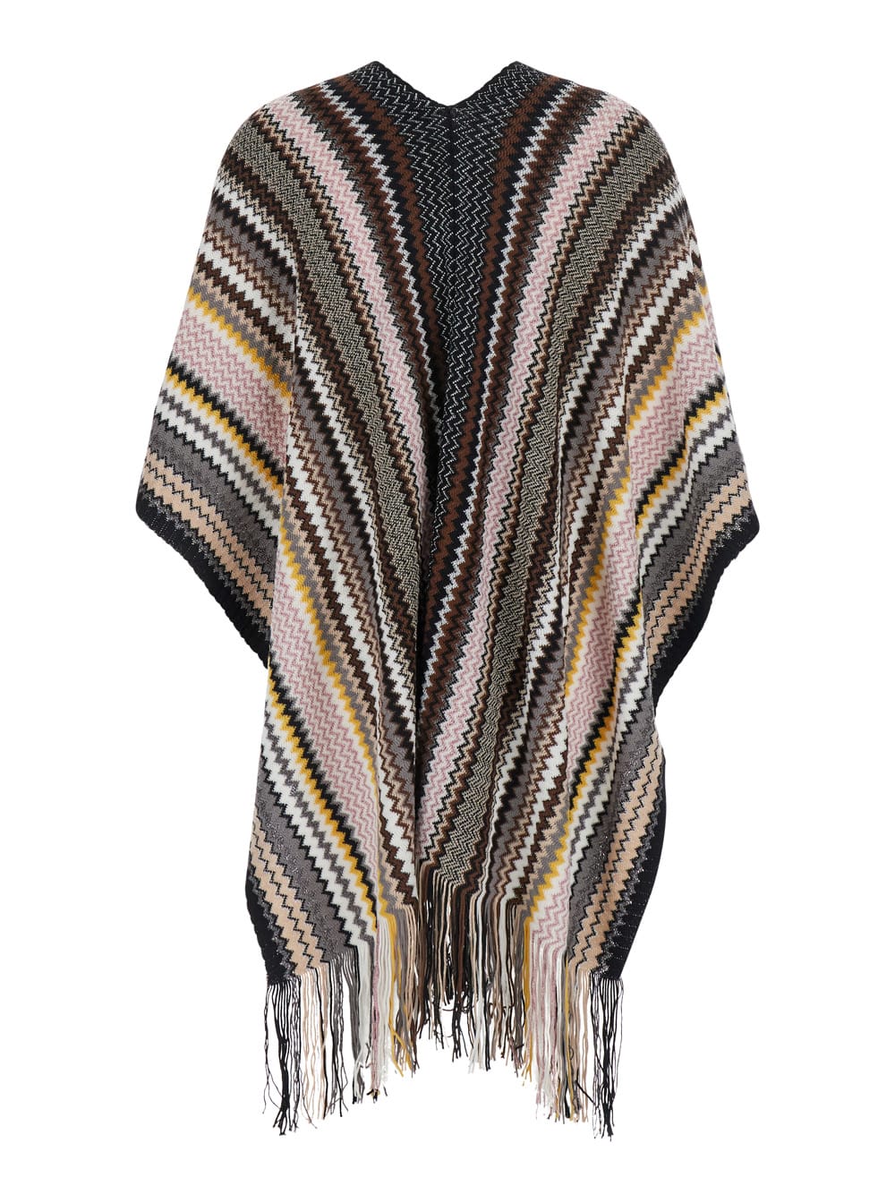 Missoni Multicolor Cape With V Neck And All-over Zigzag Motif In Wool Blend Woman In Multi