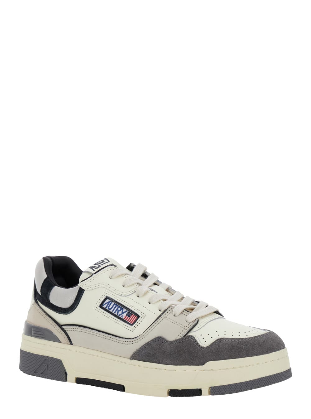 Shop Autry Grey Low Top Sneakers With Logo Patch In Leather And Suede Man