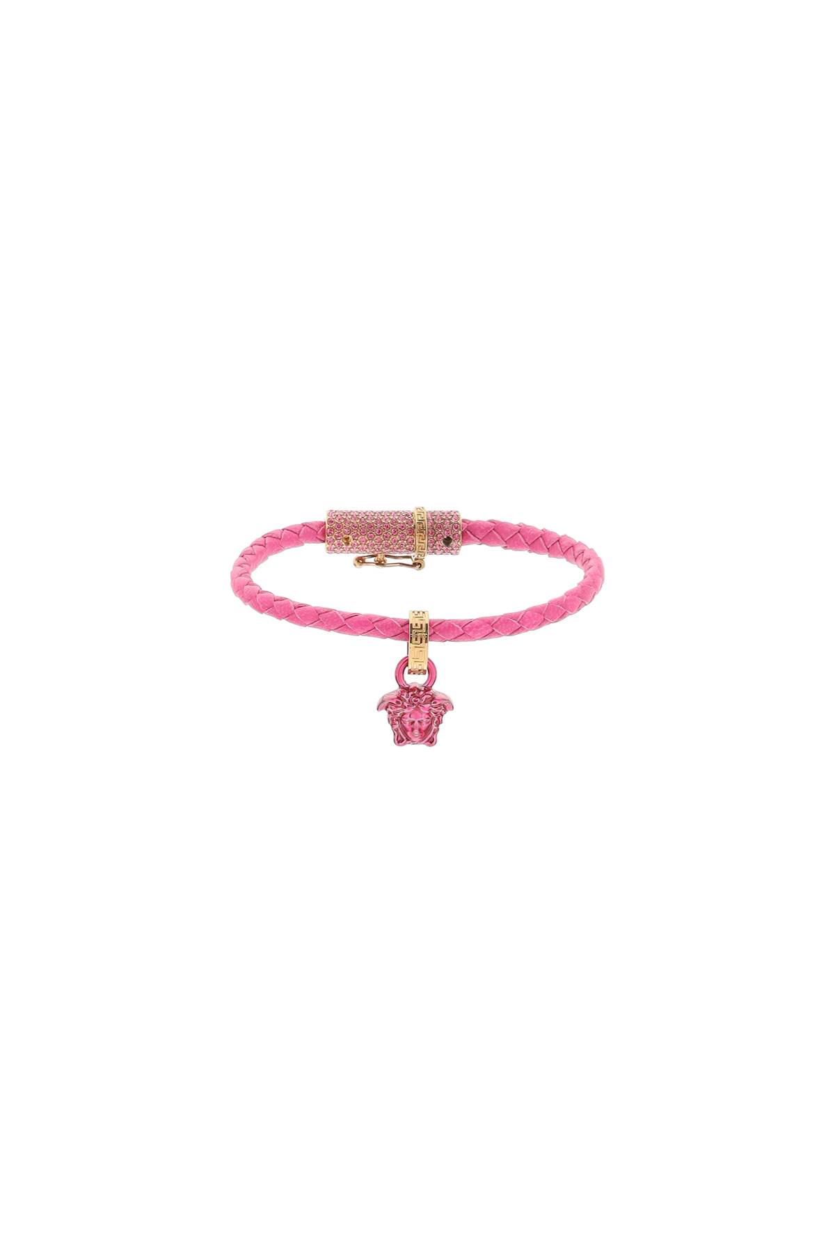 Shop Versace Braided Leather Bracelet In Glossy Pink  Gold (fuchsia)