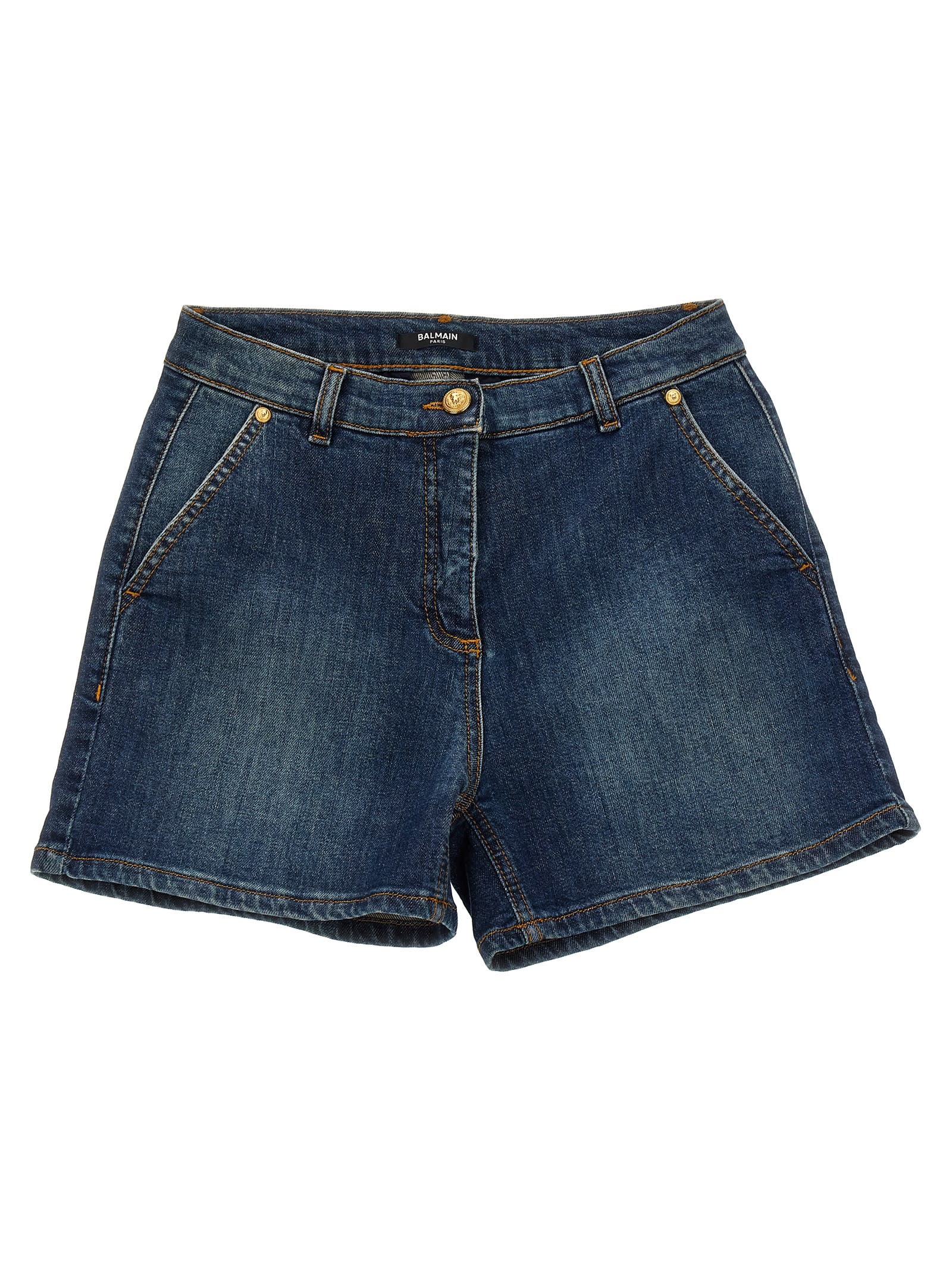 Shop Balmain Denim Shorts In Blue