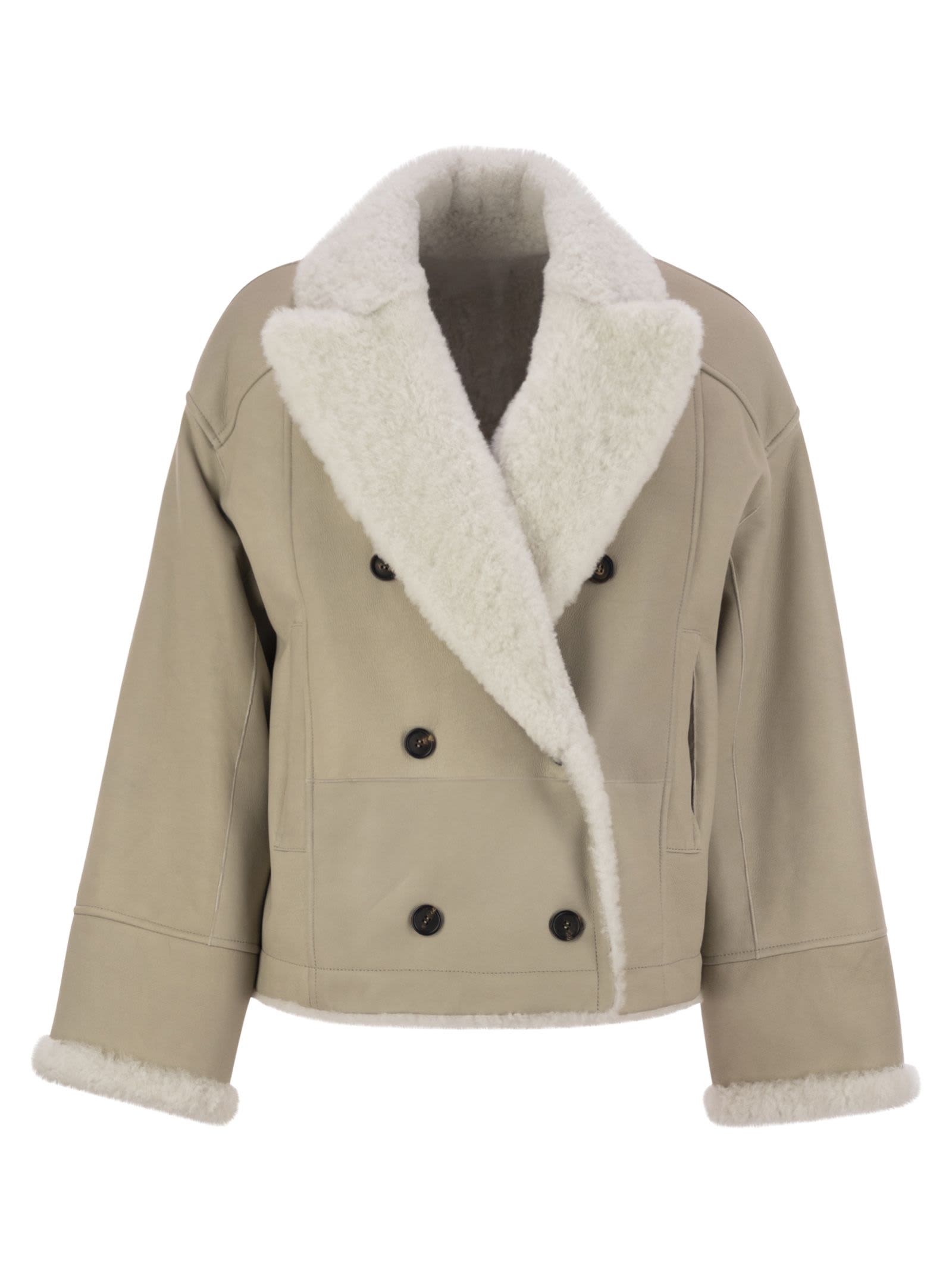 Shop Brunello Cucinelli Reversible Fuzzy Shearling Outerwear With Jewellery In Oat