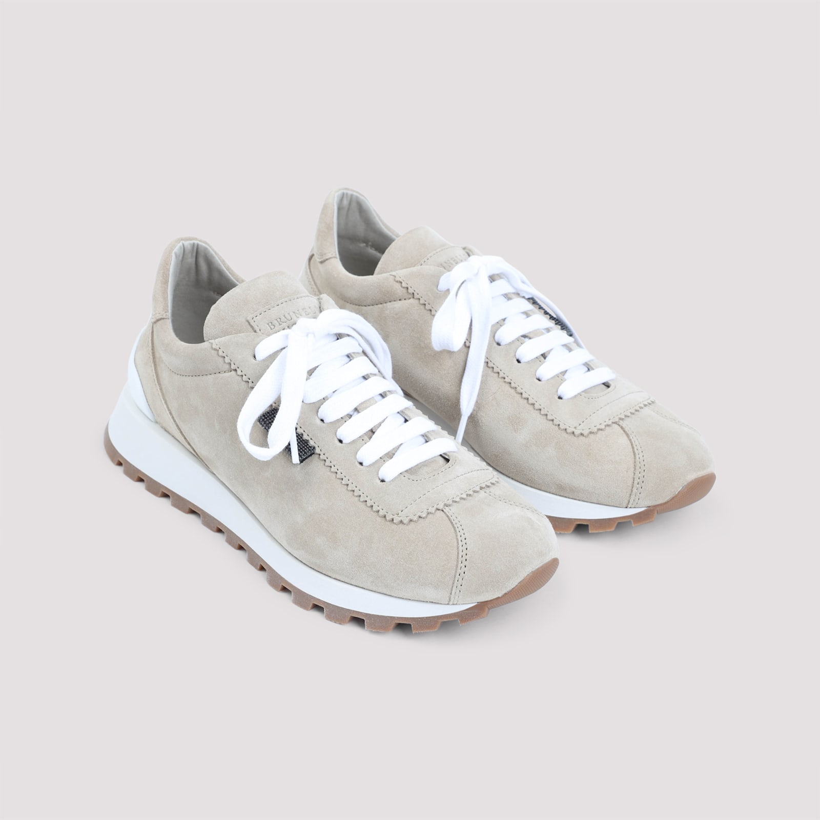 Brunello Cucinelli Beige Low Top Sneakers With Monil Detail On The Side And Embossed Logo Lettering On The Rear In Gray