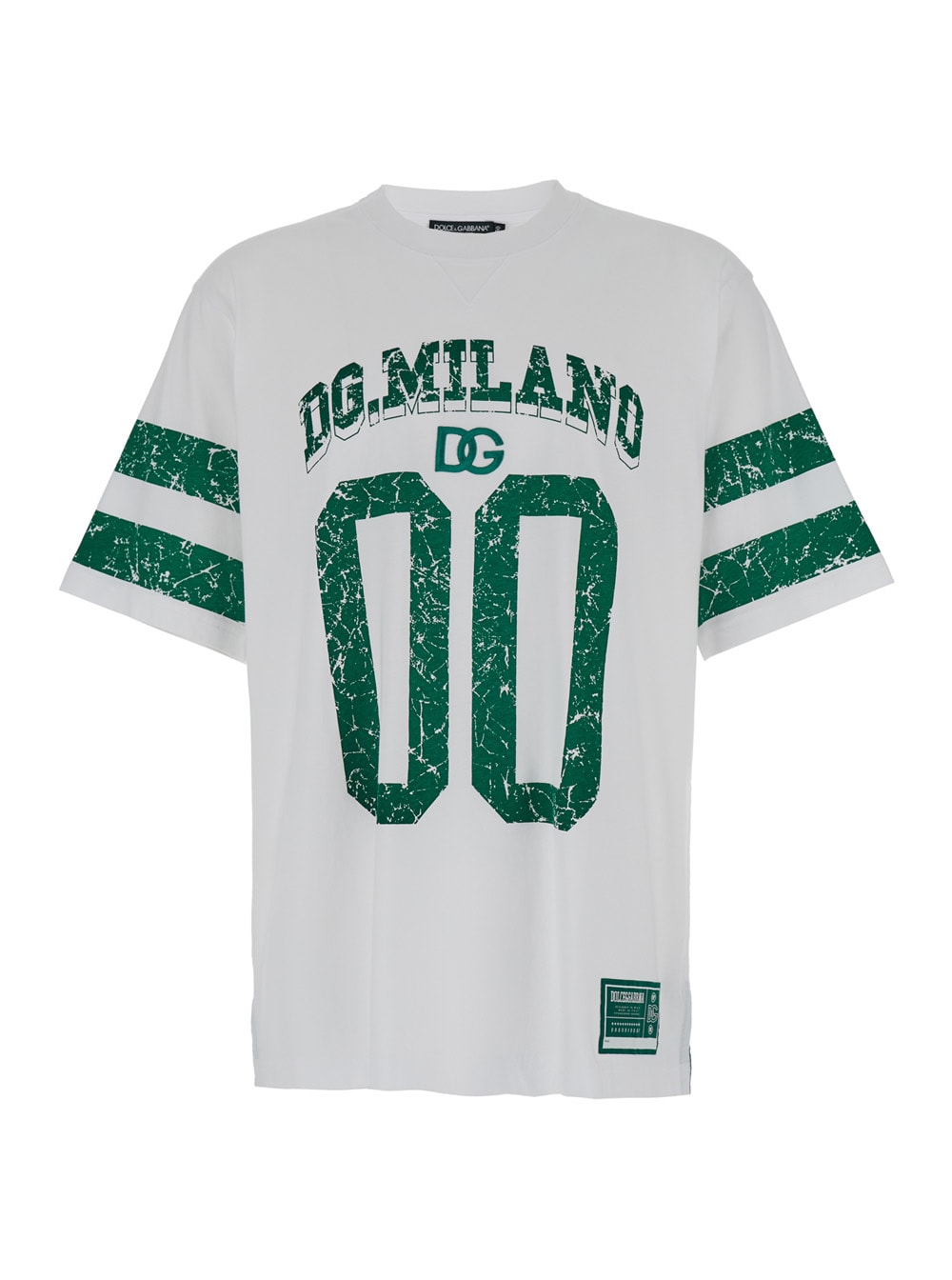 Shop Dolce & Gabbana Oversized White And Green T-shirt With Dg Milano 00 Print In Cotton Man In Bianco