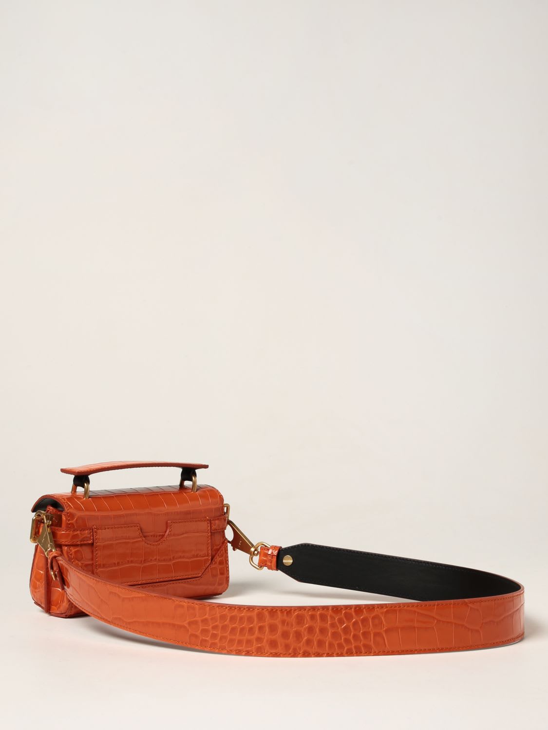 BALMAIN: B-Buzz 19 croco-print leather baguette bag - Orange