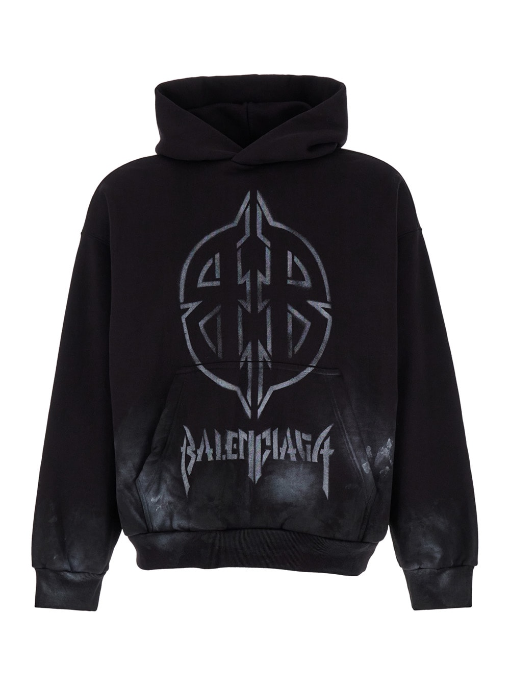 Shop Balenciaga Black Hoodie With Metal Bb Stencil Motif In Dirty Effect Cotton Man