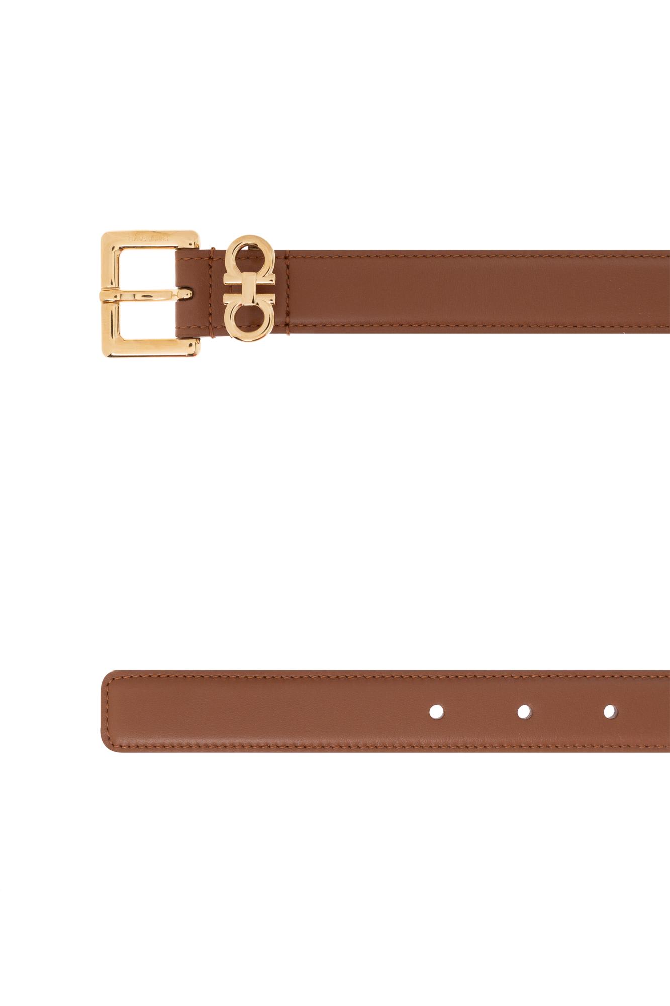 Ferragamo Double Gancini Leather Belt In Brown