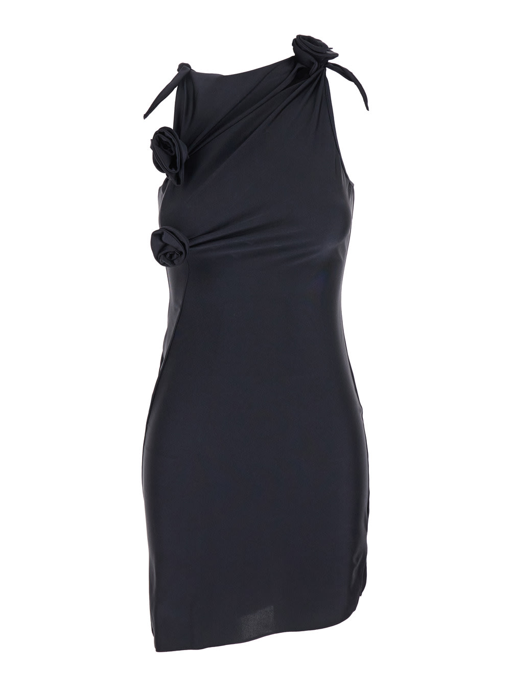 Black Asymmetric Sleeveless Mini Dress With Floral Detail And Cut-out On The Front In Tech Fabric Stretch Woman