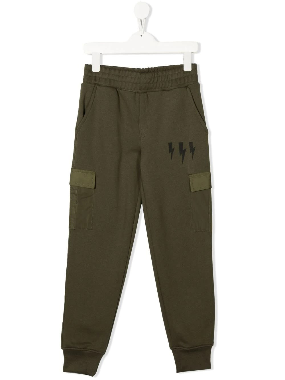 Neil Barrett Kids Military Green Multipocket Joggers With Logo And Thunderbolt Print