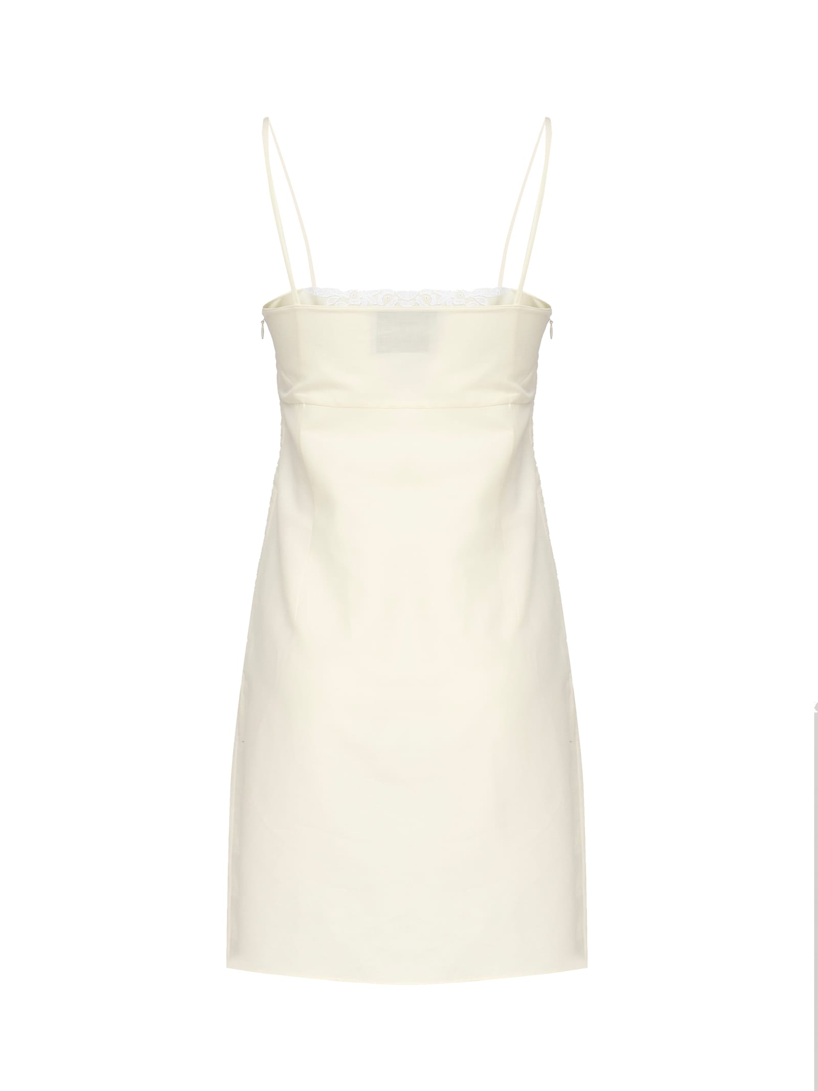 Miu Miu Short Dress In Flamed Canvas With Embroidery In White