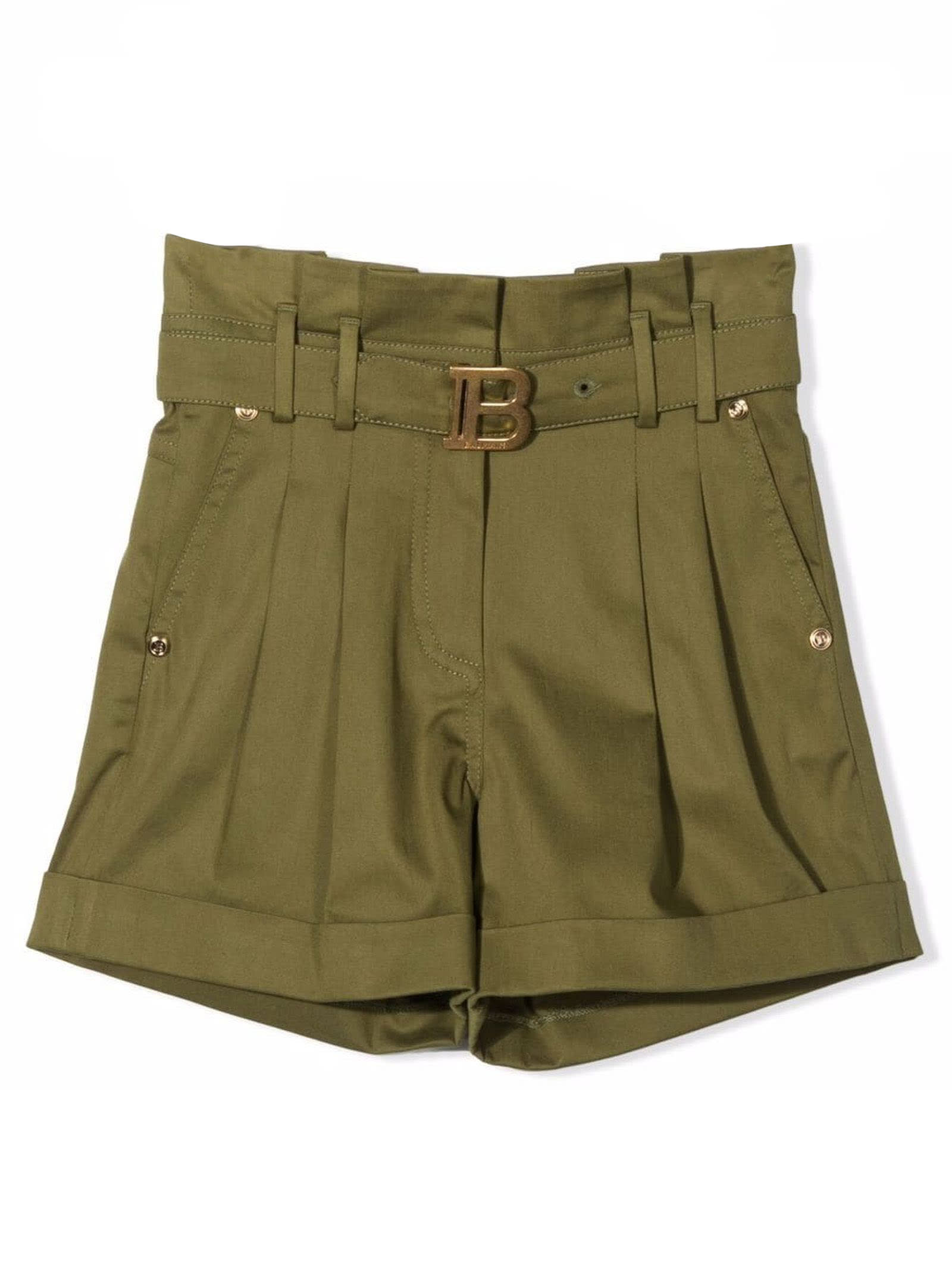 Balmain Khaki Green Stretch Cotton Shorts