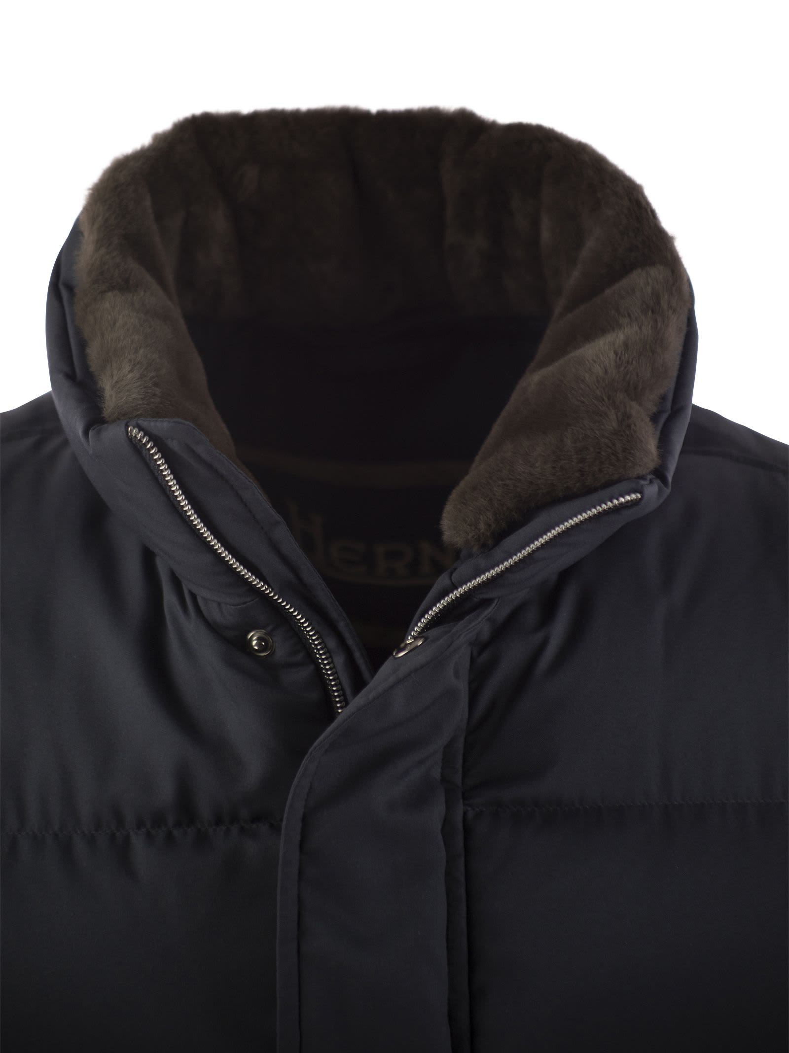 Shop Herno Short Down Jacket With Detachable Fur Insert In Navy Blue