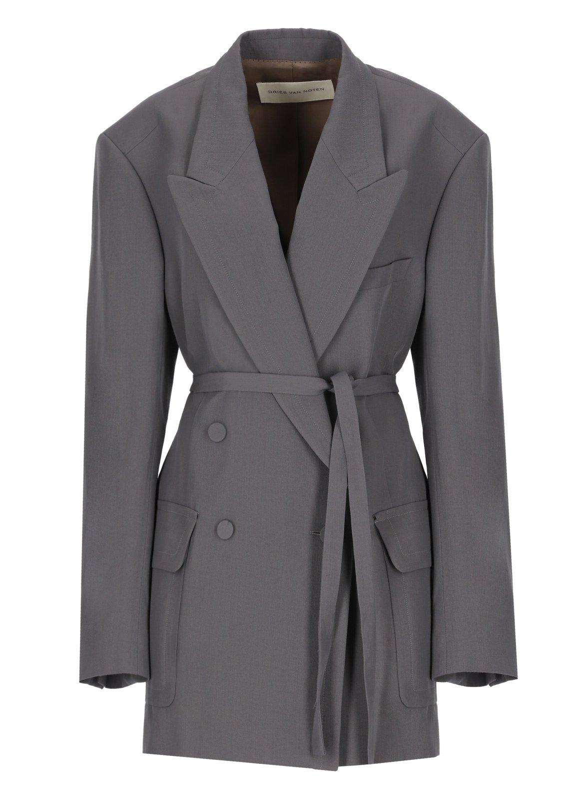 Shop Dries Van Noten Double-breasted Belted Blazer In Grey