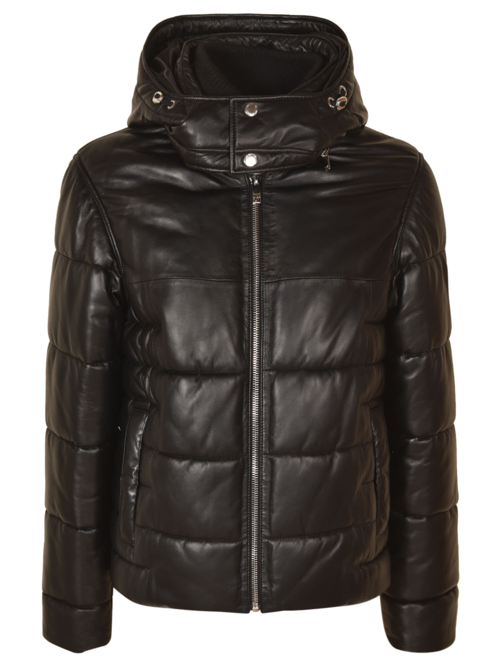 Les Hommes High Knitted Collar Leather Puffer Jacket