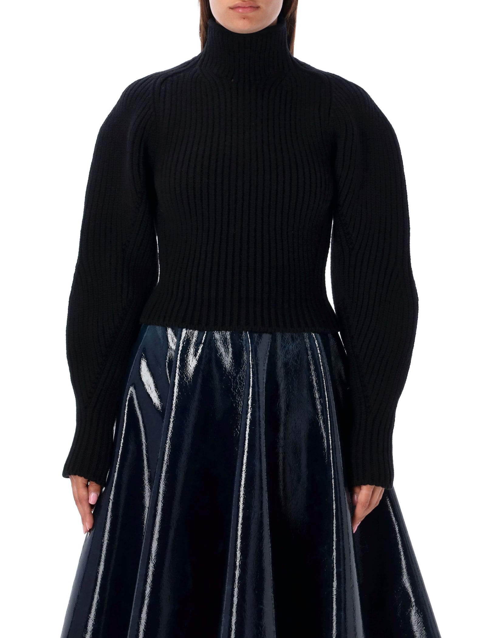 Alaïa High-neck Knit Balloon-sleeved Sweater In Black