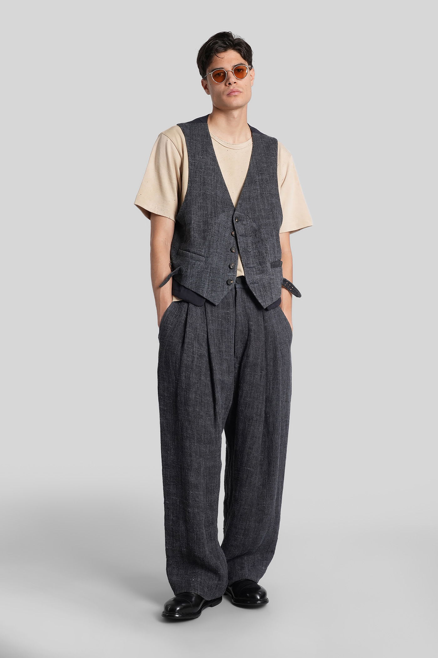 Ziggy Chen Pants In Blue Linen In Black