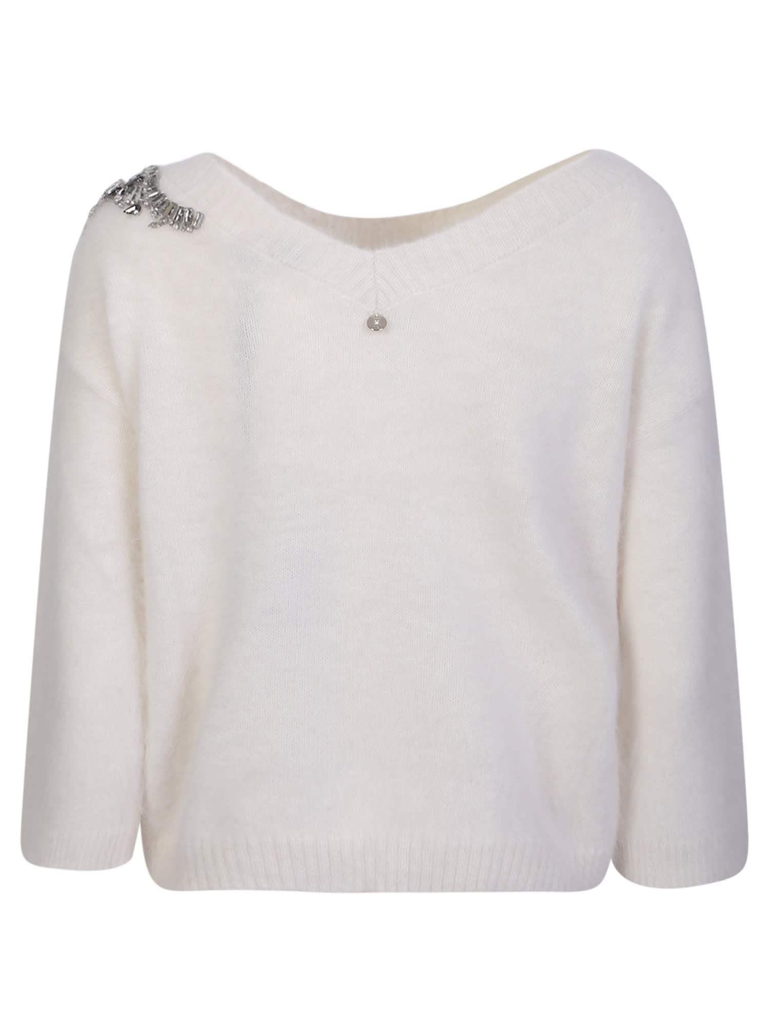 Shop Liu •jo Liu Jo White Crewneck Sweater With Crystals