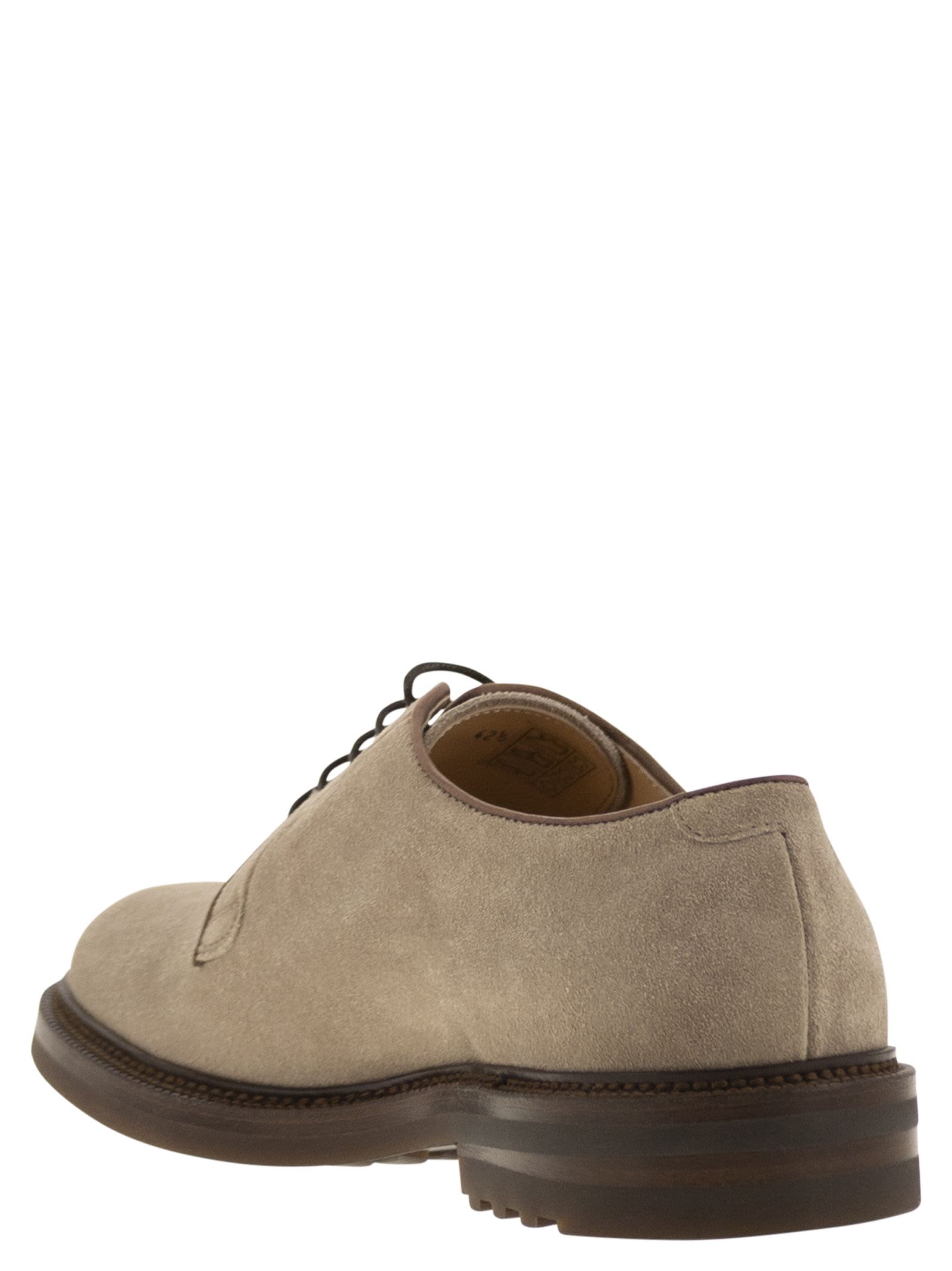 Shop Brunello Cucinelli Suede Derby In Sand