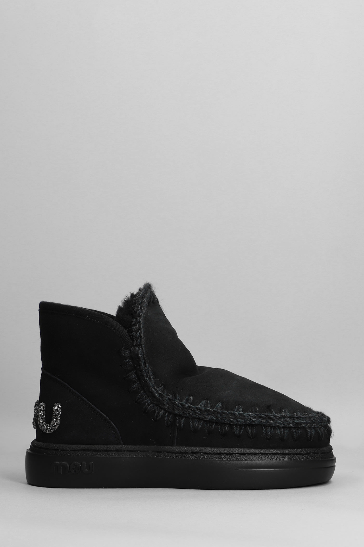 Mou Eskimo Sneaker Bold Low Heels Ankle Boots In Black Suede