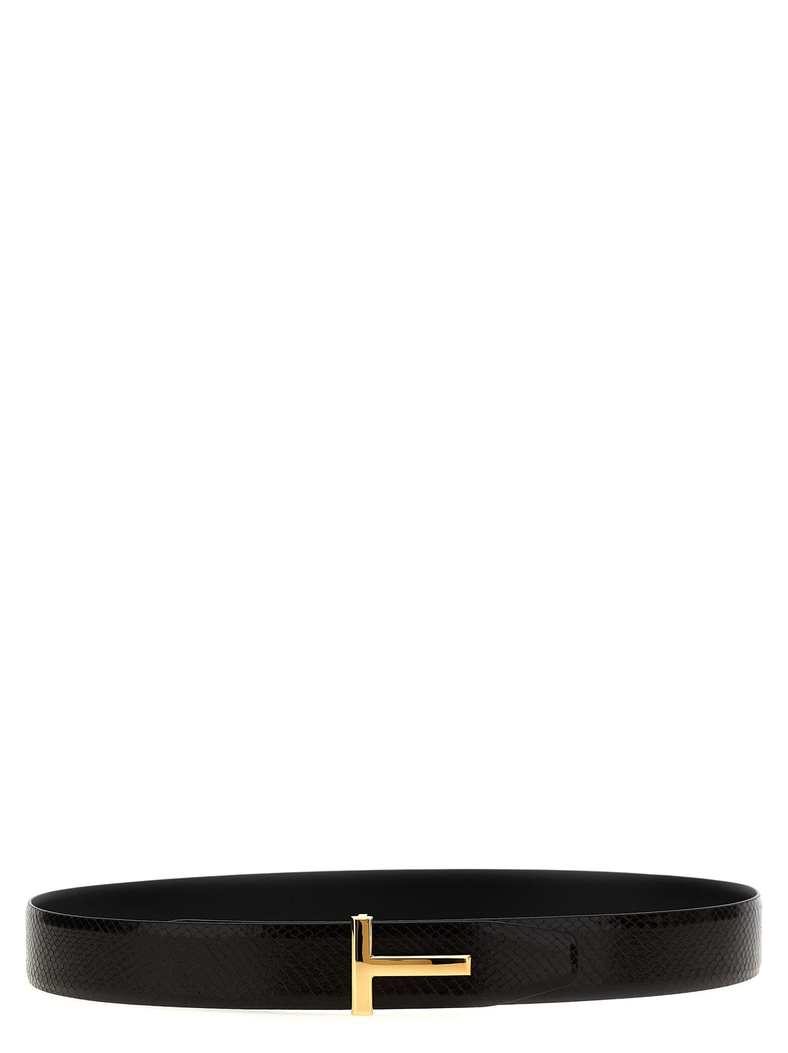 Tom Ford Black Calfskin Leather Belt With Gold T Buckle In Black