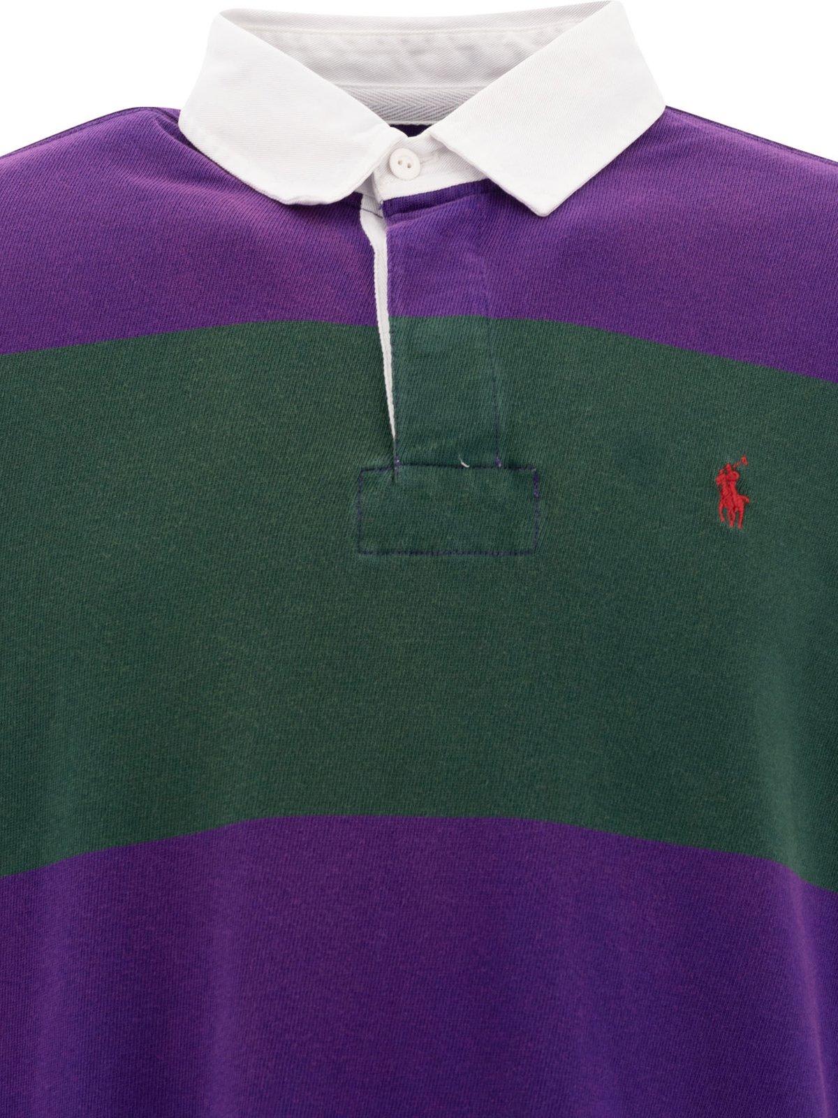 Polo Ralph Lauren Striped Long Sleeve Rugby Shirt With Buttoned Collar In Violet