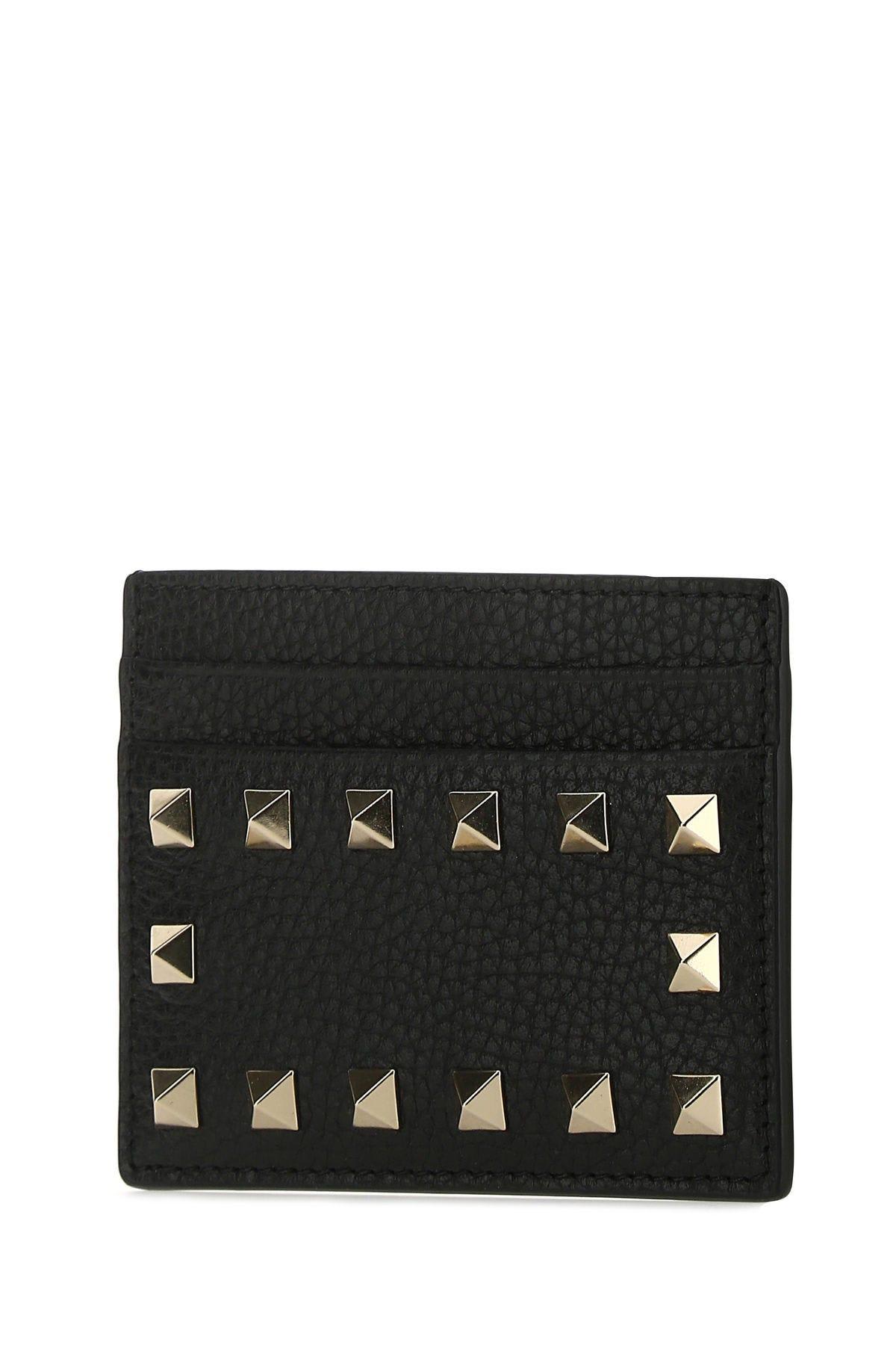 Valentino Black Leather Rockstud Card Holder In Black
