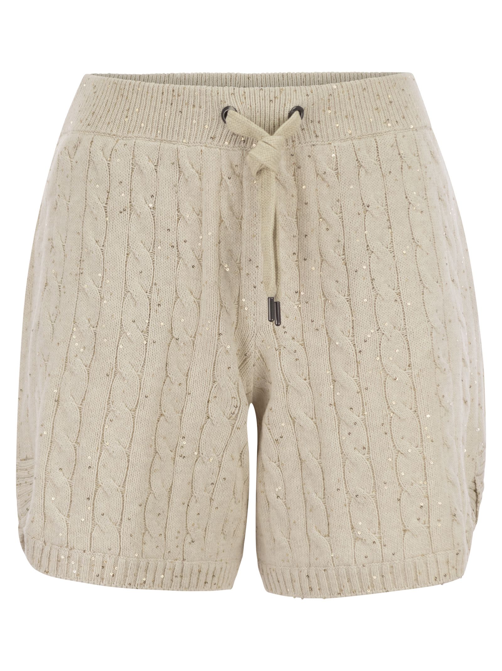 Shop Brunello Cucinelli Cotton Knit Shorts With Sequins In Oat